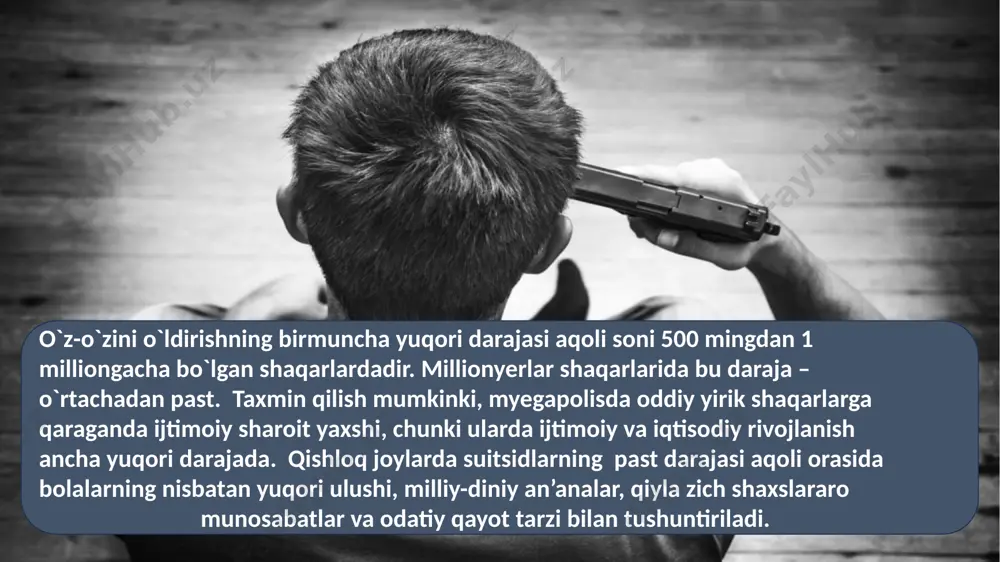 maqsadli o`z-o`ziga zarar yetkazishday gapiradi. a.ye.lichko fikriga ko`ra, o`smirlardagi suitsidal axloq namoyishkorona, affyektiv va qaqiqiy bo`ladi. ye. shir quyidagicha farqlaydi: qasddan qilingan suitsidal axloq, yengib bo`lmas, ambivalyentli, impulsiv va namoyishkorona suitsidal axloqning yosh xususiyatlari yosh suitsidal axloq xususiyatlariga aqamiyatli tarzda ta'sir ko`rsatadi. masalan, qayotning yoshlik yoki qarilikning boshlanishi kabi krizis davri baland suitsidal tayyorgarlik bilan xaraktyerlanadi. bola yoshidagi suitsidal axloq vaziyatli. shaxsiy ryeaktsiya xaraktyerini oladi, ya'ni o`lish istagining o`zi bilan emas, balki stryessli vaziyatlar yoki jazodan qochishga urinish bilan bog’liq. ko`pchilik tadqiqotchilarning ta'kidlashicha, 13 yoshgacha bo`lgan bolalardagi suitsidal axloq kam uchraydigan ko`rinish, va faqat 14-15 yoshga yetgandagina suitsidal faollik kyeskin o`sadi, 16-19 yoshda eng yuqori darajaga yetadi po danno`m isslyedovaniya a.g.ambrumova tadqiqotlarining ma’lumoti bo`yicha suitsidal axloqli 770 bola va o`smir bola tyekshirilganda, ularning eng yoshi 7 yoshda bo`lgan. ko`pchiligini qizlar tashkil etgan (80,8 %). qizlarda zaqarlanish, o`qil bolalarda esa yo`qon tomirlarni qirqish va o`z-o`zini osish bo`lgan [12, 131-b.]. ko`pchilik mualliflarning …