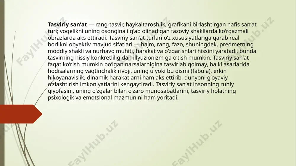 viriy sanʼatning fazoviy fikr yuritish, fazoviylik, kenglik, olam tushuncha va tasavvurlari shakllanib bordi. tosh, suyak, keyinchalik sopoldan ishlangan turli shakl va haykallarda, qoyatoshlarga, gʻor devorlariga chizilgan, rangda ishlangan rasmlarda ibtidoiy insonning mehnat faoliyati, dunyo, borliq haqidagi oʻy-xayollari, oʻzga dunyo toʻgʻrisidagi tasavvurlari mujassamlashgan (qarang ibtidoiy sanʼat). san'at biznesi va antik buyumlar va boshqa san'at buyumlarini yig'ishni yaxshi biladigan mutaxassislarni tayyorlaydi. hozirgi kunda u moda modasi bo'lishni to'xtatdi va madaniyatga imkon qadar foydali sarmoya kiritish imkonini beruvchi biznesga aylandi. san'at asarlarini baholash ijtimoiy jamoa tuzumining inqirozi hamda mehnat taqsimotining yuzaga kelishi, aqliy mehnat jismoniy mehnatdan ajralishi tasviriy sanʼat rivojida muhim oʻrinni egallaydi. tasviriy sanʼat inson faoliyatining maʼlum sohasiga aylanib davr ruhiyati, uning siyosiy, maʼnaviy va nihoyat estetik qarashlarini aks ettiruvchi manbaga aylandi. qadimgi sharq mamlakatlarida, jumladan qadimgi misrda tasviriy sanʼat insonning dunyo, borliq toʻgʻrisidagi tushuncha va tasavvurlarini, xudolar darajasiga koʻtarilgan firʼavnlarni ulugʻlash quroliga aylandi. yunonistonda tasviriy sanʼat jamiyatning erkin fuqarosiga qaratilgan va …
