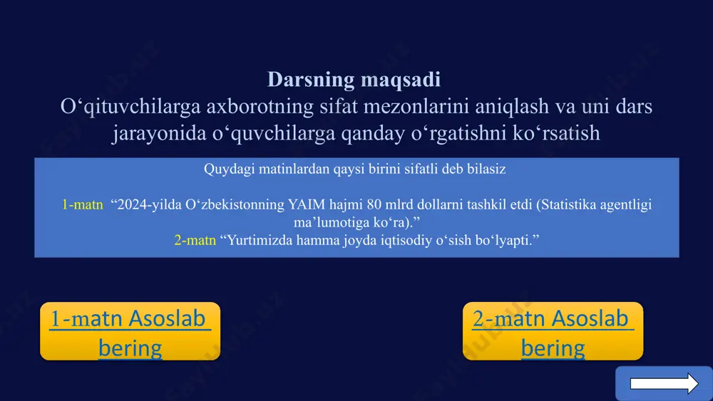 tanqidiy fikrlash yetishmasligi (20% yolg‘onga ishonadi) yechimlar factcheck.org va snopes kabi tekshirish vositalari ta’lim orqali tanqidiy fikrlashni kuchaytirish axborotni baholash ko‘nikmalarini rivojlantirish 7 axborot sifatiga oid amaliy misollar covid-19 pandemiyasi who ma’lumotlariga ko‘ra 60% yolg‘on faktlar tarqaldi. saylov jarayonlari 2016-yilda 30 milliondan ortiq yolg‘on tvitlar tarqaldi. iqtisodiy ma’lumotlar inflyatsiya ko‘rsatkichlarida 5% gacha farqlar mavjud. 8 xulosa axborot sifati muhim sifatli axborot qarorlarni kuchaytiradi va ishonchni oshiradi. bbb metodining afzalliklari o‘quvchini faollashtiradi va bilimlarni mustahkamlaydi. tavsiyalar axborot sifatini doimiy oshirishga e’tibor qaratish zarur. 9 bbb metodi bilaman: bilimlarni aniqlash. bildim: yangi ma'lumotlarni o‘rganish. bilib oldim: qo‘shimcha savollar va istiqbolli o‘rganish. 10 aniq raqamlar: matnda 2024-yil uchun yaim hajmi 80 milliard dollar deb ko'rsatilgan. manba ko'rsatuvchi: statistika agentligining ma'lumotiga tayanilgan. 1-matin sifatli tabriklayman: sizning javobingiz to’g’ri savolga 2-matin sifatsiz noaniq ifoda: “hamma joyda iqtisodiy o'sish” degan ibora umumiy va mavhum bo'lib, aniq ma'lumot bermaydi. manba yo'q: matnda hech qanday rasmiy manba yoki …