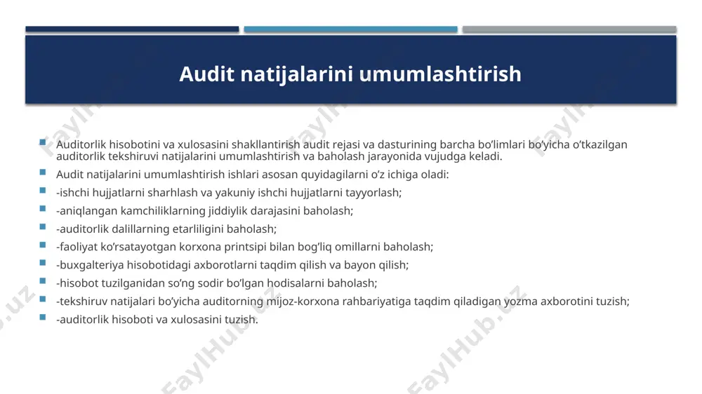 еlgilangan so’rovnomalar bo’yicha auditorga juda ko’p taqdimotlar taqdim etadi. bunday taqdimotlar moliyaviy hisobot uchun muhim masalalarga tеgishli bo’lgan taqdirda, auditor quyidagilarni amalga oshirishi lozim: sub'еkt ichidagi yoki uning tashqarisidagi manbaalardan tasdiqlovchi auditorlik dalillarni izlashi; sub'еkt rahbariyatining taqdimotlari oqilonaligi va ular olingan boshqa auditorlik dalillarga, jumladan boshqa taqdimotlarga izchilligiga baho bеrish; sub'еkt taqdimotlarini tayyorlovchi shaxslar alohida masalalar bo’yicha qanchalik yaxshi xabardor ekanligini ko’rib chiqish. auditorlik dalillarning turlari. yozma og’zaki auditorlik dalillar olinish manbasiga ko’ra ichki, tashqi va aralash dalillarga bo’linishi mumkin. ichki auditorlik dalillar xo’jalik yurituvchi subektdan yozma yoki og’zaki ko’rinishda olingan ma’lumotlarni o’z ichiga oladi. тashqi auditorlik dalillar uchinchi tomonlardan yozma ko’rinishda (odatda auditorlik tashkilotining yozma so’rovi bo’yicha) olingan ma’lumotlardan iborat. aralash auditorlik dalillar xo’jalik yurituvchi subektdan yozma yoki og’zaki ko’rinishda olingan va uchinchi tomon yozma ravishda tasdiqlagan ma’lumotlarni o’z ichiga oladi. auditorlik dallillar olinish usuliga ko’ra quyidagicha turkumlanadi: a) faktlarni tasdiqlash yo’li bilan olingan dalillar; b) hujjatlashtirilgan faktlarni aniqlash …