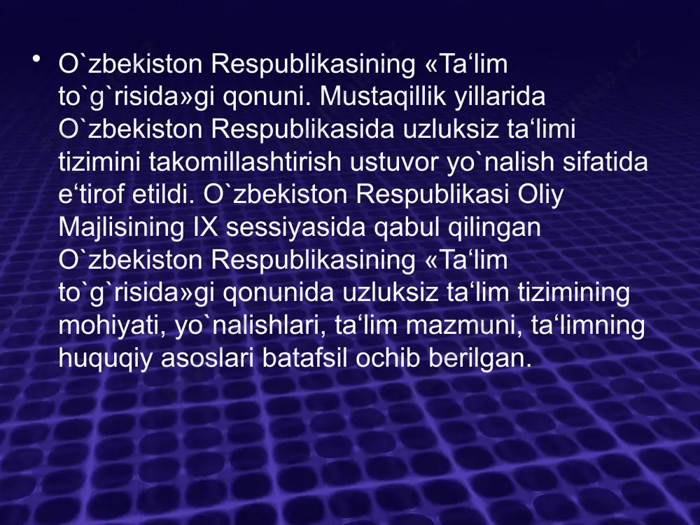 b-hunar ta‘limining ixtiyoriyligi tamoyilining asosiy mohiyati o`quvchilarning yangi turdagi o`quv muassasalarida ta‘lim olish yo`nalishini ixtiyoriy ravishda tanlash huquqiga ega ekanliklarini anglatadi. bu iki turdagi uch yillik maxsus ta‘lim yo`nalishlarini o`quvchilar o`z iqtidorlari va xohish-istaklariga tayangan holda tanlaydilar. ana shu tarzda o`quvchilarning biron bir shaklda bilimlarini takomillashtirish, muayyan kasb-hunar egasi bo`lib yetishishlari uchun sharoit yaratiladi. ta‘lim tizimining dunyoviy xarakterda ekanligi mamlakatda ta‘lim taraqqiyotining rivoji ilmiy asoslarga ega bo`lib, u fan-texnika, madaniyatning yuksala borishi bilan chambarchas holda rivojlanib borishini nazarda tutadi. o`zbekiston respublikasining «ta‘lim to`g`risida»ni qonunining 4-moddasida belgilab qo`yilganidek, fuqarolar millati, tili, jinsi, yoshi, diniy e‘tiqodi, ijtimoiy kelib chiqishi, mavqei, xizmat turi, turar joyi, o`zbekiston respublikasida hududida qancha vaqt yashayotganligidan qat‘iy nazar bilim olish huquqiga egalar. davlat ta‘lim standartlari doirasida ta‘lim olishning hamma uchun ochiqligi tamoyili aynan mana shu holatni yoritishga xizmat qiladi. ta‘lim dasturlarini tanlashga yagona va tabaqalashtirilgan yondashuv o`zbekiston respublikasining «ta‘lim to`g`risida»gi qonunining 7-moddasida o`z ifodasini topgan. davlat ta‘lim standartlari …