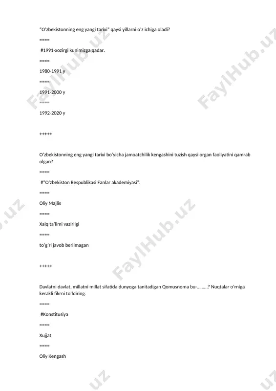=== 30 dan ortiq ==== 25 dan ortiq +++++ qaysi davrga kelib sobiq ittifoqda iqtisodiy, ijtimoiy-siyosiy inqirozli jarayonlari kuchayib, betartiblik avj olib ketdi? ==== #xx asrning 80-90yillari oxirlariga kelib ==== xix asrning 80-yillari boshlariga kelib ==== xx asrning 50-yillari oxirlariga kelib ==== xxi asrning 70-yillari oxirlariga kelib +++++ 1989 yilning may oyi oxirlari, iyunning boshlari butun “farg’ona voqealari” janjal-to’polonlar alangasi ichida qolganligini bilamiz. bu voqealar vodiyning qaysi xududlarigacha tarqalgan? ==== #toshloq tumaniga, undan so’ng marg’ilon va qo’qon shaharlariga tarqalgan ==== beshariq tumaniga, undan so’ng marg’ilon va qo’qon shaharlariga tarqalgan ==== toshloq tumaniga, undan so’ng yozyovon va qo’qon shaharlariga tarqalgan ==== toshloq tumaniga tarqalgan xolos. +++++ “farg’ona voqealari” asosan o’zbeklar va …………..o’rtasida bo’lib o’tdi. fikrimizga asosli bo’lgan xalqni javoblar ichidan to’g’risini topib qo’ying. ==== #mesxeti turklar ==== azarbayjonlar ==== ruslar ==== eroniylar +++++ farg’ona voqyealaridan xabar topgan o’zbekiston respublikasining birinchi prezidenti i.a.karimov qaysi sanada farg’onaga keladi? ==== #1989 yil 25 iyunda …