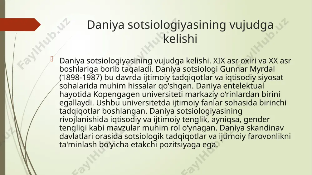 hda ma'lumotlarni yangilab boradi, bu esa sotsiologik izlanishlarga ishonchli asos yaratadi. ijtimoiy tabaqalanish va iqtisodiy farqlar. daniya sotsiologiyasida sinfiy munosabatlar jamiyatdagi ijtimoiy tabaqalanish va iqtisodiy farqlarni o'rganishga qaratilgan. daniyada yuqori soliqlar va ijtimoiy ta'minot tizimi orqali tengsizlikni kamaytirish maqsad qilingan. daniya iqtisodiyoti yevropa ittifoqining o'rtacha iqtisodiy ko'rsatkichlaridan yuqori bo'lib, qarama-qarshi ijtimoiy guruhlar orasidagi farqlar pastroq. daniyaning sinfiy tuzilmasi ishchilar, o'rta sinf va elita tabaqalaridan iborat. daniyaliklarning taxminan 20 foizi yuqori daromadli hisoblanadi, qolganlari esa o'rta yoki past daromad toifasiga kiradi. ijtimoiy harakatchanlik yuqori bo'lib, ta'lim tizimi bunga yordam beradi. muammolar: daniya shaharlarida ijtimoiy muammolar orasida uy-joy muammosi dolzarbdir. 2023 yilda kopengagenda yashash joylari yetishmasligi sababli ijara narxlari ko‘tarilgan, o‘rtacha ijara haqi oyiga 10,000 daniya kronidan oshib ketgan. aholining qariyb 20 foizi arzon uy-joyga muhtoj. shuningdek, ishsizlik darajasi ham muammo bo‘lib, 2022 yilda bu ko‘rsatkich mamlakat bo‘yicha 4,8 foizni tashkil etgan, lekin shahar joylarda bu raqam ba'zi hududlarda 7 foizga yetgan. …