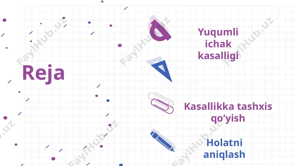aniq sababni aniqlash uchun tibbiy aralashuv zarur. gazlarni yig'ish (shag'al). appenditsit. har doim og'riq isitma, qusish va ich qotish bilan to'ldiriladi, og'riq asta-sekin qorin bo'shlig'ining pastki o'ng tomonida to'planadi. agar og'riq lomber mintaqadagi urologik simptomlar va og'riqlar bilan birga issiqlik bilan birga bo'lsa, bu genitoüriner tizim infektsiyasini (tsistit, pyelonefrit) ko'rsatishi mumkin. boshqa sabablar: pankreatit, peritonit. bunday hollarda og'riqlar yuqori isitma, qorin bo'shlig'i, umumiy jismoniy holat juda kambag'aldir. qorin og'rig'i surunkali bo'lib qolsa (ya'ni, bir oyda bir necha marta qayta boshlanadi), bir nechta sabablar ham bo'lishi mumkin: ehtimol, og'riq ichakning shikastlanishiga, xususan osongina ta'sirlanadigan va temperaturali bolalarda paydo bo'lishi mumkin. og'riq pankreatit, buyrak va o't pufagi kasalliklari, kolik va boshqa kasalliklarning qaytalanishi natijasi bo'lishi mumkin. e'tiboringiz uchun raxmat pirnazarova muborakxon image1.jpeg image2.png image3.png image4.png image5.png image6.png image7.png image8.png image9.png image10.jpeg image11.jpeg image12.jpeg