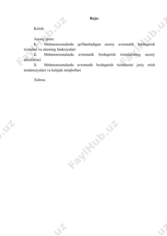 keting kampaniyalarini shaxsiylashtirish va mijozlar sodiqligini oshirish uchun foydalanadi. uchinchi tizim **xonani avtomatlashtirish tizimlari (room automation systems)**dir. bu tizim mehmonxona xonalaridagi yoritish, konditsionerlash, isitish, televizor va boshqa elektron qurilmalarni avtomatik tarzda boshqarish imkonini beradi. bu energiya sarfini kamaytirish va mehmonlar uchun qulaylikni oshirishga yordam beradi. 2023-yilda o'tkazilgan tadqiqotga ko'ra, xonani avtomatlashtirish tizimlarini joriy etgan mehmonxonalar energiya xarajatlarini o'rtacha 25% ga kamaytirgan. to'rtinchi tizim buyurtmalarni boshqarish tizimlari (point of sale - pos) bo'lib, mehmonxona restoranlari, barlari va boshqa savdo nuqtalarida buyurtmalarni qabul qilish, qayta ishlash va to'lovlarni amalga oshirish jarayonlarini avtomatlashtiradi. pos tizimlari inventarni boshqarish va sotuvlar bo'yicha real vaqt rejimida hisobot berish imkoniyatini ham ta'minlaydi. beshinchi tizim **kirishni boshqarish tizimlari (access control systems)**dir. bu tizim mehmonxona xonalariga kirishni nazorat qilish va xavfsizlikni ta'minlash uchun elektron kalitlar, kartochkalar yoki mobil ilovalardan foydalanadi. zamonaviy tizimlar kirish huquqlarini masofadan boshqarish imkoniyatini ham taqdim etadi. mehmonxonalarda avtomatik boshqarish tizimlarining asosiy afzalliklari mehmonxonalarda avtomatik boshqarish …