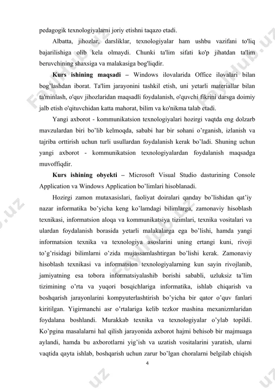 so’zi inglizcha “window”-oyna degan ma’noni anglatadi. windows-oynalar, ya’ni windows operatsion tizimida oynalar bilan ishlaydi.windows (windows oynalar degan ma'noni anglatadi) microsoft (ms) firmasining dastur mahsuli bo`lib, maxsus tayyorgarlikka ega bo`lmagan kompyuterdan foydalanuvchilar uchun mo`ljallangan operatsion tizimdir. uning asosiy maqsadi-kompyuterdan foydalanishni iloji boricha sodda va o`rganish uchun oson, shu bilan birga, foydalanuvchiga mumkin qadar keng imkoniyatlar yaratish holiga keltirishdir. mazkur talablarga javob beruvchi ms windows 95 operatsion tizimi 1995-yil avgust oyida ishlatila boshlangan bo`lsa, uning ruscha varianti 1995-yilning sentabridan rossiyada qo`llanila boshlandi.ms windows 95 windowslarning yangi lahjasi emas, balki o`ta murakkab dasturlar majmui bo`lib, shu bilan birga foydalanish uchun oson, operatsion tizimdir.windowsning avvalgi lahjalari (masalan, windows 3.0, 3.1, 3.11, 3.12) asos sifatida ms dos ni qabul qilgan bo`lsa, windows 95 o`zi mustaqil bo`lib, kompyuterda boshqa bir operatsion tizimning bo`lishini talab qilmaydi.lekin shu bilan birga bu muhitda ms dos va windowsning eski lahjalari bilan ishlash imkoniyati saqlangan. bu qo`llanmada windowsning 9x lahjasi haqida …