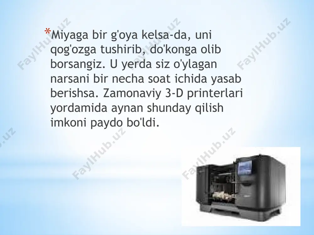 davrda form 1 kickstarter loyihasi hisoblanadi. 3d-printerlar dunyoni qamrab olmoqda hamda ularning haqiqiy egalarini jiddiy havotirga solib, uch o‘lchamli modellar tobora tez-tez torrentlarda paydo bo‘lmoqda. masalan bugungi kunda telefonlarning korpusini shunchaki yuklash va chiqarib olish oddiy xolga aylanib qoldi. lekin, ayrim uddaburonlar yanada jiddiy ishlarga qo‘l urishmoqda. masalan, yaqinda yangi zerlandiyalik bir dasturlovchi shovvoz o‘ziga oz emas ko‘p emas, internetdan tayyor 3d-modeldagi naq aston martin db-4 ni chiqarib olishga muvaffaq bo‘lgan. apparatning ishlashi haqida albatta, hech qanday gap yo‘q, ammo uning ustki kuzovini tayyorlashni har qalay uddalashgan. yaratuvchi uning ichki qismlarini nissan skylinedan o‘zlashtirishni niyat qilgan. image1.jpeg image2.jpeg image3.jpeg image4.jpeg image5.jpeg