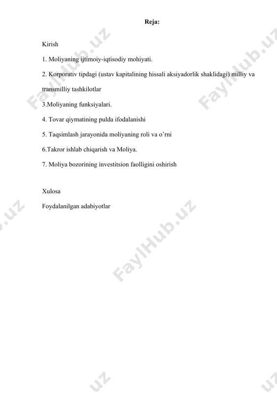 idan 7 milliard dollargacha oshirish va davlat ulushi boʻlgan tijorat banklarida transformatsiya jarayonlarini yakunlash, 2026-yil oxiriga qadar bank tizimi aktivlarida xususiy sektor ulushini 60 foizga yetkazish koʻzda tutilmoqda. bunda tijorat banklarida transformatsiyani jadallashtirish, subsidiyali kreditlashdan voz kechish, ularning moliyaviy vositachi sifatidagi rolini oshirish orqali davlat ulushiga ega tijorat banklarini faol ravishda zamonaviy institutlarga aylantirish ishlari koʻzda tutilgan. 1.moliyaning ijtimoiy-iqtisodiy mohiyati moliyaviy munosabatlarning ilk shakllari insoniyat taraqqiyotining quldorlik jamiyati bosqichida jamiyatning sinflarga bo’linishi va davlatning vujudga kelishi bilan bog’liq ravishda paydo bo’ldi. muayyan hududda boshqaruv organi sifatida davlatning vujudga kelishi uning hokimiyat apparatini moddiy jihatdan ta’minlash, jamoat tartibini saqlash, mamlakatni himoya qilish, urush harakatlarini olib borish, ijtimoiy ob’ektlar va yo’llar qurish kabi vazi-falarni bajarishi uchun ma’lum darajada pul mablag’lari ham bo’lishini taqozo eta boshladi. xuddi shu holat o’z navbatida jamiyatda moliya paydo bo’lishini iqtisodiy zaruriyatga aylantirdi. demak, davlatchilik tizimining vujudga kelishi moliyaning paydo bo’lishi uchun asosiy sabab bo’lib xizmat qildi. moliya …