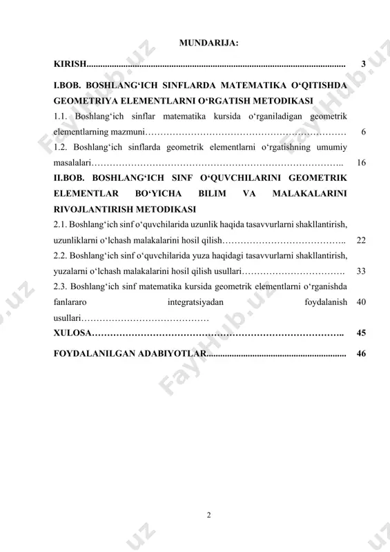 tini oshirish hamda zamonaviy pedagogik metodlarni joriy etish bo‘yicha muhim vazifalar belgilab berilgan. 2019-yil 29-apreldagi pq–4307-sonli “matematika ta’limi sifatini tubdan yaxshilash chora-tadbirlari to‘g‘risida”gi qarorida matematika fanini o‘qitish tizimini takomillashtirish va boshlang‘ich sinflarda matematik tushunchalarni aniq va ravon o‘rgatish zarurligi qayd etilgan. ushbu qarorda geometrik elementlarlarni o‘rgatishda vizual va interfaol usullardan foydalanish muhimligi ta’kidlangan. bundan tashqari, 2020-yil 6-noyabrda qabul qilingan pf-6108-sonli “fanlar bo‘yicha ta’lim sifatini oshirish va ilmiy tadqiqotlarni rivojlantirish chora-tadbirlari to‘g‘risida”gi farmonda boshlang‘ich sinflarda tabiiy-ilmiy va aniq fanlarni o‘qitishning yangi usullarini ishlab chiqish, geometriya elementlarini ilg‘or pedagogik texnologiyalar orqali o‘rgatish zarurati ko‘rsatib o‘tilgan. matematika va ayniqsa, geometriya bo‘limlarini samarali o‘qitish bo‘yicha tizimli islohotlar 2022-yil 11-martdagi pq-168-sonli “maktab ta’limini rivojlantirish bo‘yicha qo‘shimcha chora-tadbirlar to‘g‘risida”gi qarorda ham o‘z aksini topgan. mazkur hujjatda o‘quvchilarning aniq fanlarga bo‘lgan qiziqishini oshirish va ularning fazoviy tafakkurini rivojlantirish uchun innovatsion yondashuvlarni joriy qilish zarurligi belgilangan. ushbu qarorlar mamlakatimizda boshlang‘ich ta’lim sifatini oshirish, matematika fanining amaliy ahamiyatini kuchaytirish …
