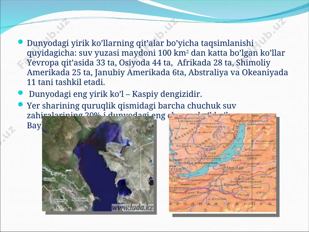 oylarda suv keskin kamayib ketadi, ayrim hollarda butunlay qurib qoladi. mana shunday sharoitda daryo va soylar suvidan tula va samarali foydalanish hamda toshqinlarni oldini olish maqsadida ularning oqim rejimini boshkarib turish zarur. bu muammoni daryolarda sun‘iy ko’llar – suv omborlari barpo etish yuli bilan hal etish mumkin. suv omborlari qurish o’lkamiz kabi qurg’okchilik hamda qishlok xujaligi sug’orishga asoslangan xududlarda ayniqsa zarurdir. ko’pchilik suv omborlarini qurishda ekinzorlarni suv bilan ta‘minlashdan tashqari, ulardan gidroenergetika, baliqchilikni rivojlantirish, yirik sanoat korxonalari va shahar suv ta‘minotini yaxshilash maqsadida foydalanish ham nazarda tutiladi. suv omborlari geografiyasi. daryolardagi suv va energiya boyliklari (resurslari)dan tularoq foydalanish maqsadida yer kurrasida juda ko’p suv omborlari qurilgan. dunyodagi eng yirik suv ombori viktoriya – nil daryosida qurilgan ouen – fols (viktoriya) suv ombori bulib, keniya, tanzaniya, uganda davlatlari xududida joylashgan. uning suv sig’imi 205 km3 (viktoriya ko’li bilan qushib hisoblanganda) bulib, nil daryosi oqimini yillararo boshqarishga muljallangan. o’rta osiyo davlatlari xududidagi …