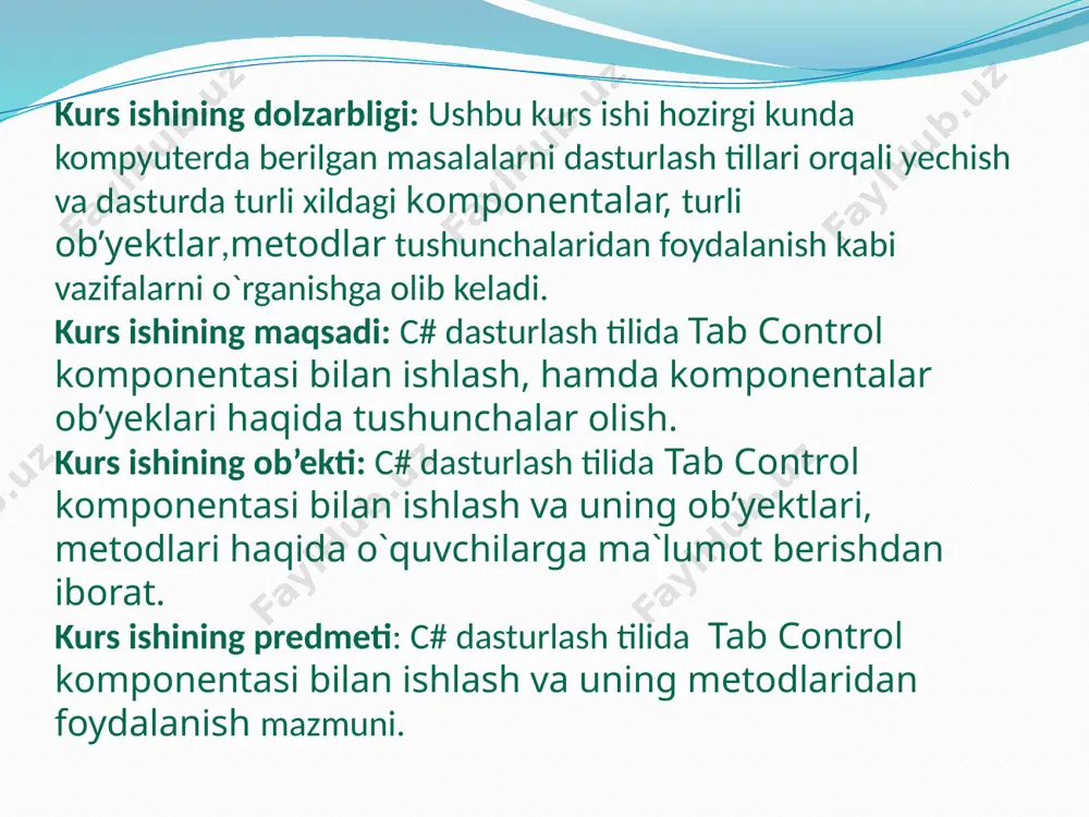 un unga yangi g’oyalar qo’shishni o’z oldimga maqsad qilib qo’ydim. foydalanilgan adabiyotlar 1. aripov mirsaid mirsiddiqovich. “dasturlash asoslari”, toshkent-2015. sh.a. nazirov,r.v. kabulov,m.r. babajanov,q.s. raxmanov; o‘zbekiston respublikasi oliy va o ‘rta maxsus ta’limi markazi. - toshkent: «vorisnashriyot», 2013. - 488 bet. a.a.xaldjigitov, sh.f.madraximov, u.e.adamboev informatika va programmalash. o‘quv qo‘llanma, o‘zmu, 2005 yil, 145 bet. a.a. абдукодиров, у.м.мирзаев c# тилида программалаш асослари. укув кулланма, тошкент, «университет», 1994.-52 бет. павловская т.а. c# . программирование на языке высокого уровня - спб.: питер. 2005.- 461 с. http://dastur.uz-kompyuter dasrurlari va kompyuterda dasturlashga oid forum, xabar va yangiliklar. internet saytlari 1. ziyonet.uz – ta’lim portali 2. www.com – foydalanuvchilar o’rtasida c# dasturlash muhiti to’g’risida ma’lumotlar almashish sayti. 3. www.metanit.com- c# dasturlash tilida tab control komponentasi yordamida dasturlash yaratish. 4. c-sharpcorner.com - working with windows tabcontrol with c# - c# corner e’tiboringiz uchun rahmat!!! audio1.wav image2.png image3.png image4.png image5.png image6.png image7.png /docprops/thumbnail.jpeg