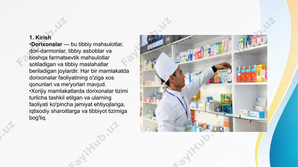 y etish. xalqaro tajribalardan foydalanib, farmatsevtika sohasidagi sifatni oshirish va dori-darmonlar xavfsizligini ta'minlash. internet dorixonalarining rivojlanishini tartibga soluvchi qonunlarni kuchaytirish va xavfsizlikni ta'minlash. e’tiboringiz uchun raxmat!!! image2.jpeg image3.jpeg image4.jpg image5.jpg image6.jpg image1.jpeg /docprops/thumbnail.jpeg