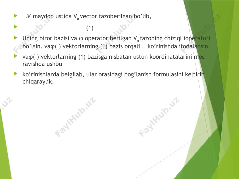 lan izomorf, ya’ni bo’ladi (bunda agar f maydon ustidagi matritsalar algebrasini ko’rinishida belgilasak, u holda quyidagi teorema o’rinli bo’ladi. teorema. v fazo f maydon ustidagi vector fazo bo’lib, uning bazisi matritsa v vector fazoda aniqlangan chiziqli operatorning , bazisga nisbatan matritsasi va akslantirish mavjud bo’lsa , u holda munosabat o’rinli bo’ladi. isboti. bizga ma’lumki akslatirish biektiv akslantirish bo’ladi. isboti. + 2. isboti. 3. isboti. . , demak , ta’rifga asosan bo’ladi. takrorlash uchun savollar: chiziqli algebra deb nimaga aytiladi? chiziqli algebraga misollar keltiring. chiziqli operatorlar algebrasi deb nimaga aytiladi? matritsalar algebrasi deb nimaga aytiladi? algebralar izomorfizmi haqida teoramani bayon qiling. image1.png image2.png image3.png image4.png image5.png image6.png image7.png image8.png image9.png image10.png image11.png image12.png