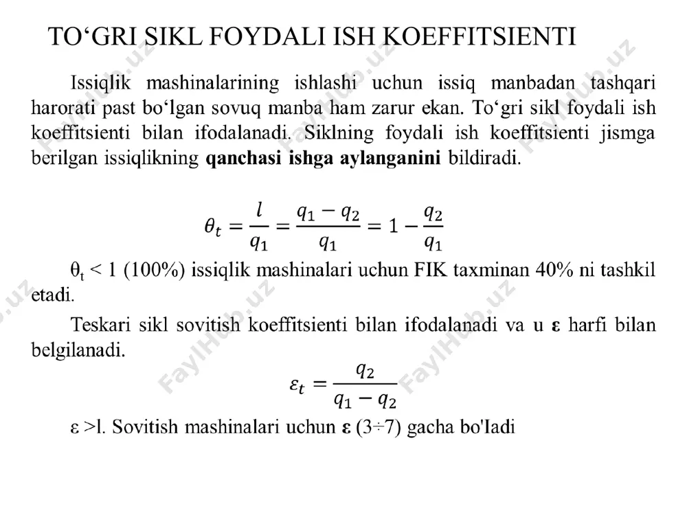 an bug’ deyiladi. to’yingan bug’ bosimi harorat ko’tarilishi bilan oshib boradi. suyuqlikka tegib turgan va uning ustidagi bo’shliqni to’yintiradigan bug’ to’yingan nam bug’ deyiladi. bug’lanish. to’yingan nam bug’ - bug’ bilan juda mayda suv tomchilari aralashmasidir. bug’dagi suyuqlik zarralarining miqdori bug’ning quruq yoki namlik darajasini belgilaydi. agar suyuqlik o’zgarmas bosimda isitilsa, uning molekulalarining barcha hajm bo’yicha harakat tezligi ortadi va bug’ hosil bo’lishi kuchayadi. bug’ hosil bo’ladigan bosimga qat’iy muvofiq keladigan muayyan haroratda bug’lanish jarayoni qaynash jarayoniga aylanadi. qaynash. suyuqlikning faqat erkin sirtidan emas, balki butun hajmi bo’yicha intensiv ravishda bug’ga aylanishi va bug’ pufakchalarining tez hosil bo’lishi hamda ko’paya borishi qaynash deyiladi. qaynash sodir bo’ladigan harorat bilan bosim bir – biriga bog’liqdir. ular to’yinish harorati va bosimi deyiladi. suyuqlik qaynaydigan bosim qanchalik yuqori bo’lsa, qaynash harorati ham shunchalik yuqori bo’ladi. agar qaynayotgan suyuqlikka keltirilayotgan issiqlik mioqdori oshirilsa, bug’ hosil bo’lishi yanada tezalshib ketadi. lekin suvning oxirgi tomchisi bug’lanib ketmaguncha …