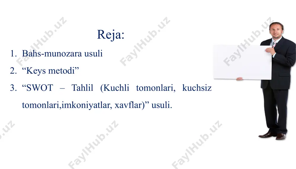 u bilimlar treningda ishtirok etishdan oldingi hayotiy tajribadan olingan bo‘lishi yoki dastur talablariga taqdim etilgan ma’lumotga tayangan bo‘lishi mumkin. bu usuldan foydalanish jarayonida vaqtning taqsimlanishi va tayyorgarlikka alohida e’tibor qaratish lozim. trener munozarani boshlashdan avval ishtirokchilarga vaqtning cheklanganligini va bahslashish uchun qancha vaqt ajratilganligini aniq aytishi kerak. chunki vaqtning cheklanishi muhokamaning tempini oshiradi va uni jonlantiradi. bu esa munozaraning qizg‘in o‘tishi va zaruriy xulosalarga erishishni kafolatlaydi. bahs-munozarani tashkil etishdan oldin uni rejalashtirish ham katta ahamiyatga ega. munozaraning barcha jihatlarini oldindan rejalashtirib bo‘lmaydi. ammo mavzuning taxminiy eskiz (chizma)larini tayyorlab qo‘yish mumkin. unda: 1 mavzu bilan tanishtirish; 2 munozaraning chegaralarini o‘rganish; 3 munozaraning maqsadini demonstratsiya (namoyish) qilish; 4 munozaraning mavzusiga oid qo‘shimcha ma’lumotlarni taqdim etish; 5 munozarani boshqarish uchun bir qator asosiy savollarni tayyorlab qo‘yish. trener bu jarayonda ijobiy muhitni yaratish uchun mas’uldir. istalgan mavzudagi bahs-munozarani o‘tkazishda trenerning roli vositachi roliga juda yaqin turadi. trener guruhni asta-sekin munozaraga olib kirishi lozim. bunda …