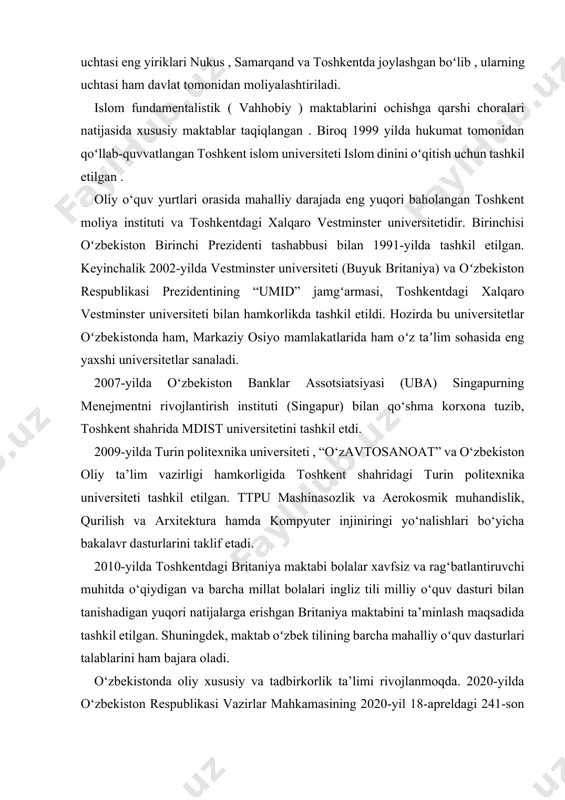 6,3 foizigacha kamaydi . 2006 yilda ta'limning byudjetdagi ulushi 8,1 foizgacha oshdi. byudjet yordamining etishmasligi boshlang'ich va o'rta bosqichlarda ko'proq sezildi, chunki hukumat universitet talabalarini subsidiyalashni davom ettirdi. 1992 va 2001 yillar oralig'ida universitetga qatnashish kollej yoshidagi aholining 19 foizidan 6,4 foizgacha kamaydi. oʻzbekistondagi 63 ta oliy taʼlim muassasasidan uchtasi eng yiriklari nukus , samarqand va toshkentda joylashgan boʻlib , ularning uchtasi ham davlat tomonidan moliyalashtiriladi. islom fundamentalistik ( vahhobiy ) maktablarini ochishga qarshi choralari natijasida xususiy maktablar taqiqlangan . biroq 1999 yilda hukumat tomonidan qoʻllab-quvvatlangan toshkent islom universiteti islom dinini oʻqitish uchun tashkil etilgan . oliy o‘quv yurtlari orasida mahalliy darajada eng yuqori baholangan toshkent moliya instituti va toshkentdagi xalqaro vestminster universitetidir. birinchisi oʻzbekiston birinchi prezidenti tashabbusi bilan 1991-yilda tashkil etilgan. keyinchalik 2002-yilda vestminster universiteti (buyuk britaniya) va oʻzbekiston respublikasi prezidentining “umid” jamgʻarmasi, toshkentdagi xalqaro vestminster universiteti bilan hamkorlikda tashkil etildi. hozirda bu universitetlar oʻzbekistonda ham, markaziy osiyo mamlakatlarida …