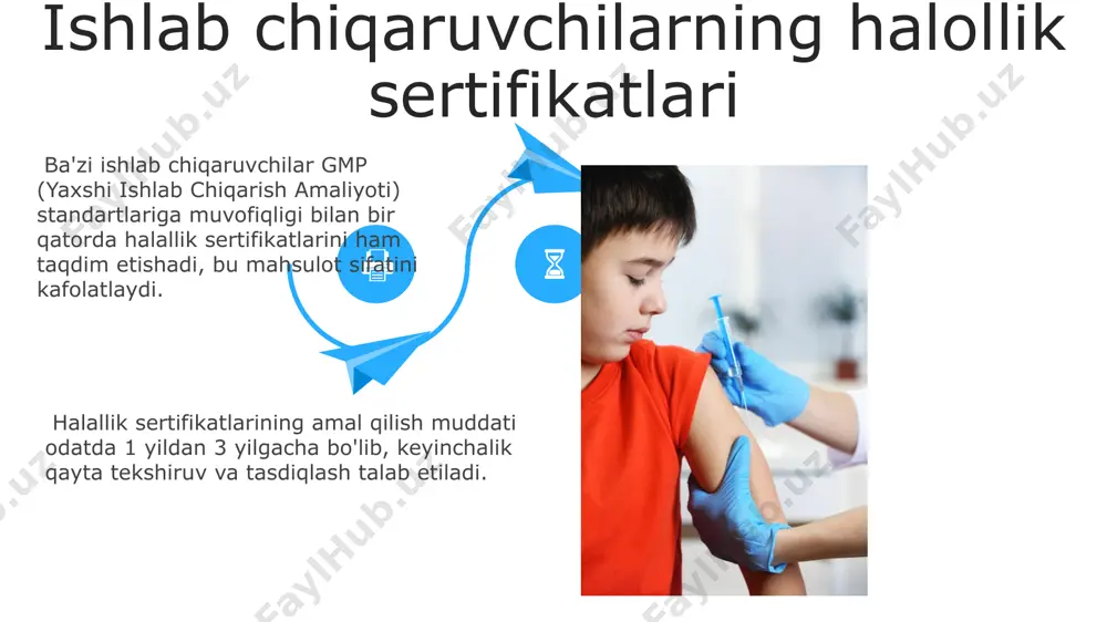 halol vaksinalarni targ'ib qilish halol vaktsinalarni targ'ib qilishda, 80% ga yaqin aholini qamrab olish maqsadida, ijtimoiy tarmoqlar orqali keng miqyosli axborot kampaniyalari va ishonchli manbalardan foydalanish muhim ahamiyat kasb etadi. vaktsinani qabul qilish darajasini oshirish uchun, 5 yoshgacha bo'lgan bolalar orasida halol vaktsinatsiyaning afzalliklarini tushuntirishga qaratilgan maxsus dasturlarni ishlab chiqish zarur. vaktsinani qabul qilish darajasini oshirish uchun, 5 yoshgacha bo'lgan bolalar orasida halol vaktsinatsiyaning afzalliklarini tushuntirishga qaratilgan maxsus dasturlarni ishlab chiqish zarur. vaksinatsiyaning sog'liq uchun ahamiyati emlash, bolalarda o'limning 60% gacha oldini olishga yordam beradi, shuningdek, yuqumli kasalliklar tarqalishini sezilarli darajada kamaytiradi. vaksinatsiya immunitet tizimini kuchaytiradi, organizmni 10 dan ortiq xavfli kasalliklardan himoya qiladi va sog'lom turmush tarzini ta'minlashga yordam beradi. hayvonlardan olingan komponentlar hayvonlardan olingan komponentlarni ishlatishda, ularning tozaligi va sterilligi yuqori darajada nazorat qilinadi, bakteriyalar va viruslar miqdori 10 cfu/ml dan kam bo'lishi kerak. hayvonlardan olingan ba'zi vaksinalar tarkibida 10-20% gacha tozalangan oqsillar bo'lishi mumkin, bu ularning samaradorligi …