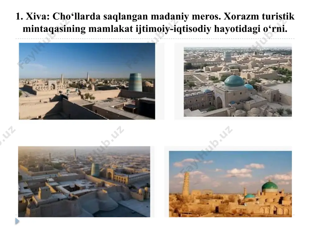 -ma’rifat tarqatish o`chogi vazifasini o`tagan said alouddin maqbarasi xiv - xviii asrlar. bu maqbara xiv asrda so`fiy amir kulol tomonidan ustozi shayx alouddin qabri ustiga qurdirilgan. zamonlar o`tib, maqbara atrofida turli qabrlar ko`payishi tufayli u ko`milib ketgan. ilmiy qazilmalar natijasida mazkur yodgorlikning dastlabki ko`rinishiga doir ma’lumotlar aniqlandi. maqbara ziyoratxona va daxmadan iborat. daxma va sag`analar o`ymakor naqshlar bilan bezatilgan. ularning birida said alouddinning vafoti sanasi 1303-yil 18-mart, deb yozilgan. maqbarani 1825-yili me’mor hibbiqulixo`ja o`g`li hamidxo`ja ta’mirlagan juma masjidi xviii, xix asrlar. x asrda xorazmga kelgan arab sayyohi al-maqdisiyning yozishicha, juma masjidi x - xi asrlarda bunyod etilgan. masjidning dastlabki binosi asrlar davomida nurab yo`q bo`lib ketgan va o`rniga 1788-yilda xuddi avvalgi uslubda yangi masjid qurishgan. ichan qal’aning qoq markazida qad rostlagan bu tarixiy obidaning o`ziga xos tomoni shundaki, uni o`yma naqshi ustunlar ko`rgazmasi, desa bo`ladi. chunki bu yerda jami 212 ta ustun bo`lgan. hozirda ulardan 25 tasi saqlanib qolgan. juma …