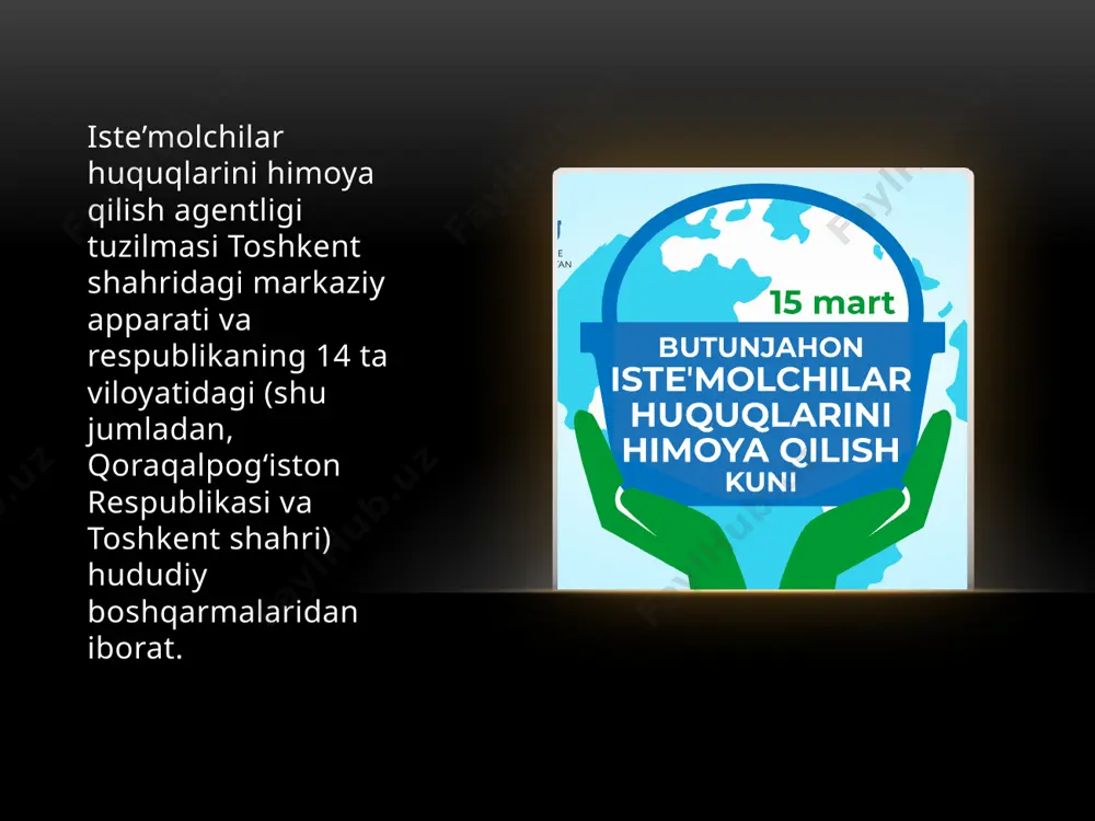 ish orqali boshqa davlat organlari iste’molchilarning murojaatlarini agentlikka yo‘naltiradi ikkinchi bosqich agentlik iste'molchilarning shikoyatlarini ko'rib chiqadi: mutaxassislar ushbu masalani o'rganib, qonun hujjatlariga muvofiqligini tekshiradi har ikki tomondan ma'lumot to'planadi iste'molchilar huquqlari buzilgan taqdirda ish qo'zg'atiladi yakuniy hukm uchinchi bosqich iste'molchilar huquqlarini tiklash maqsadida agentlik qarorining sud tartibida bajarilishini tashkil etish.[8] аgentlik ish reja va boshqa idoralar tomonidan taqdim etilgan maʼlumotlar, isteʼmolchilardan kelib tushgan murojaatlar asosida hamda iste’molchilar huquqlarini himoya qilish to‘g‘risidagi qonun hujjatlariga rioya etilishi yuzasidan davlat nazoratini amalga oshirish maqsadida turli soha va yo‘nalishlarda tizimli ravishda oʼrganish va tahlillar oʼtkazadi. 2022-yilda iste’molchilardan kelib tushgan murojaatlarining 40,1 foizi uy-joy kommunal, xizmat ko'rsatish, qurilish va transport sohasi, 37,4 foizi savdo, umumiy ovqatlanish va turizm sohasi, 17,2 foizi ijtimoiy va moliya xizmatlar, shuningdek aloqa xizmatlari sohasi, 5,3 foizi esa reklama munosabatlari va boshqa sohalarga to‘g‘ri kelgan.[6] 2022-yilda kelib tushgan 25 mingdan ziyod murojaatlarni ko'rib chiqilishi va o'tkazilgan 257 ta tizimli o‘rganishlar natijasida …