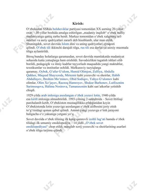 91-yilning 31-avgustida mustaqillik eʼlon qilinib, oʻzbekiston respublikasi deb qayta nomlangunicha sovet ittifoqi tarkibida qoldi. oʻzbekiston mustaqilligi 1991-yilning 26-dekabrida sovet ittifoqi parchalanib ketganidan keyin tan olindi. tashkil topishi oʻrta osiyoda milliy-hududiy chegaralanish oʻtkazilishi natijasida turkiston avtonom sovet sotsialistik respublikasi tugatilib, uning hududi yangi tuzilgan oʻzbekiston ssr, turkmaniston ssr,tojikiston assr (oʻzbekiston ssr tarkibida, 1929-yildan tojikiston ssr), shuningdek, qoraqirgʻiz avtonom viloyati (rossiya sfsr tarkibida; qirgʻiziston ssr), qoraqalpoq avtonom viloyati (qozogʻiston assr tarkibida; keyinchalik qoraqalpogʻiston assr, 1936-yildan oʻzbekiston ssr tarkibida) tarkibiga kiritildi. umumoʻzbek sovetlarining buxoroda boʻlgan birinchi qurultoyi (1925-yil 13–17-fevral)da „oʻzbekiston sovet sotsialistik respublikasini tashkil etish toʻgʻrisida deklaratsiya“ qabul qilindi. qurultoyda respublikaning oliy organlari: oʻzbekiston ssr markaziy ijroiya qoʻmitasi (oʻzbekiston ssr mik) va oʻzbekiston ssr xalq komissarlari soveti (oʻzbekiston ssr xks tuzilgan). oʻzbekiston ssr butunittifoq sovetlarining 3-sʼyezdida (1925-yil 13-may)da ssri tarkibiga kiritilgan. 1927-, 1937-, 1978-yillarda oʻzbekiston ssr konstitutsiyalari qabul qilingan. 1920-yillar respublikadagi dehqonlarni gʻoyaviy jihatdan birlashtirib turgan tashkilotlardan biri „qoʻshchi“ ittifoqi boʻlgan (1920–33-yillarda faoliyat …
