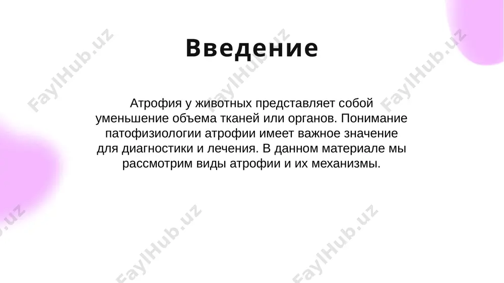 учаю и учитывать особенности животного. профилактические меры для предотвращения атрофии необходимо обеспечить адекватное питание и физическую активность животных. регулярные осмотры и мониторинг состояния здоровья помогут избежать развития этого состояния. заключение патофизиология атрофии у животных — это сложный процесс, который требует внимательного изучения. понимание видов и механизмов атрофии поможет ветеринарам разработать эффективные стратегии лечения и профилактики. image3.png image4.png image5.png image6.jpg image7.jpg image8.jpg image9.jpg image10.png image11.jpg image12.jpg image2.png image13.png image14.jpg image15.png image16.jpg image17.jpg image18.jpg image19.png image20.jpg image21.jpg image1.png