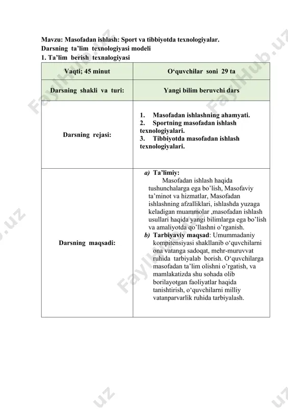 oliyat o‘qituvchi o‘quvchilar 1-bosqich. o‘quv mashg‘ulotiga kirish (3 daqiqa) 1.1. mavzuning nomi, maqsad va kutilayotgan natijalarni yetkazish. mashg‘ulot rejasi bilan tanishtirish. 1.2. ma’naviy va siyosiy daqiqa o‘tkazish. bugungi kunda respublikamizda bo‘layotgan muhim voqealar haqida tushuncha berish. 1.3. o‘quv mashg‘uloti qoidalari va baholash mezonlari bilan tanishtirish. tinglaydilar. tarqatma materiallardan foydalanib topshiriqlarni bajaradilar. 2-bosqich. o‘tilganlarni takrorlash (7 daqiqa) 2.1. uy vazifasini baholash. 2.2. mustahkamlash. 2.1. uy vazifasi tekshirish masofadan ishlash texnologiyalariga oid tarqatma materiallar bilan ishlanadi. 3-bosqich. asosiy (20 daqiqa) 3.1. o‘quvchilarga masofadan o’qitish usullari haqida umumiy tushuncha berish. 3.2. elektron darslik va misollar,tarqatmalar yordamida tushuntirish 3.1.masofadan ishlash usullari va ularning afzalliklari bilan tanishadilar. 3.2. qisqa savol-javoblar yordamida yangi mavzu bilan qayta tanishadilar. 4-bosqich. mustahkamlash (10 daqiqa) 4.1 yangi mavzuni mustahkamlash. 4.2 mavzu asosida o‘yinlar o‘tkazish, elektron darslik yordamida mavzuga oid online test ishlash 4.1. yangi mavzuni mustahkamlaydilar. 4.2. mavzu asosida online o‘yinlarni o‘tkazadilar, elektron darslik yordamida mavzuga oid online test ishlaydilar …