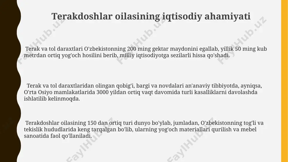 a, vegetativ koʻpayish, ya’ni soʻqmoqlar yoki ildiz payvandlari orqali juda samarali koʻpayadi, bu esa 90% dan ortiq muvaffaqiyatga erishish imkonini beradi. terakdoshlar oilasining asosiy vakillari qora terak (populus nigra) va oq terak (populus alba) kabi 2 ta asosiy turdagi teraklarning yogʻochlari qurilishda, mebel ishlab chiqarishda va qogʻoz sanoatida keng qoʻllaniladi. terakdoshlar oilasiga mansub 30 dan ortiq turdagi daraxt va butalar oʻzbekistonning togʻli hududlarida, xususan, fargʻona vodiysida va qashqadaryo viloyatlarida 1500-2500 metr balandliklarda tarqalgan. salix turkumiga kiruvchi 50 ga yaqin turdagi lola va qamish oʻsimliklarining koʻpchiligi oʻzbekistonning suv havzalari boʻyida va botqoqliklarda oʻsadi, ularning ba'zilari xalq tabobatida qoʻllaniladi. terakdoshlar oilasining geografik tarqalishi salicaceae oilasiga mansub 400 ga yaqin tur, asosan 50° sh. kenglikdan yuqori bo'lgan hududlarda, arktika va subarktika mintaqalarida uchraydi. terakdoshlar oilasining 45 dan ortiq turi shimoliy yarim sharning mo''tadil va sovuq mintaqalarida, jumladan, yevropa, osiyo va shimoliy amerikada keng tarqalgan. juglandaceae oilasi vakillari, taxminan 60 tur, asosan shimoliy yarim …