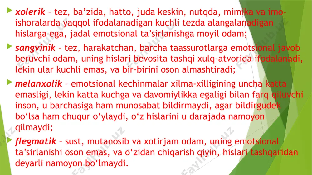 ko‘ngilsiz hodisa yuz berganda ham osoyishtaligini buzmaydi. imo-ishoralari oz, harakatlari ifodasiz. g‘ayrati ishchanligi bilan ajralib turadi. yuksak faolligi oz, reaktivligidan ancha ustunlik qiladi. chidamliligi, matonati, o‘zini tuta bilish bilan ajralib turadi. harakatlarining tempi va nutqining tempi sust, ifodasiz. diqqatini sekinlik bilan to‘playdi. rigid (qotib qolgan), diqqatini qiyinchilik bilan ko‘chiradi. yangi sharoitga qiyinchilik bilan moslashadi. introvert. yangi odamlarga qiyinchilik bilan qo‘shiladi. tashqi taassurotlarga qiyinchilik bilan javob qaytaradi. melanxolik – yuksak senzitivlik xususiyatiga ega. sezgirligi yuksak (sezgi chegaralari yuqori). arzimagan sababga ko‘ra, ko‘zlaridan yosh oqib ketaveradi. nihoyatda arazchan, sekin yig‘laydi. samimiy, juda oz kuladi, faolligi sust. o‘ziga ishonmaydi, tortinchoq, ozgina qiyinchilik tug‘iladigan bo‘lsa, qo‘lini yuvib qo‘ltig‘iga urib qo‘ya qoladi. g‘ayratsiz qatiy emas. diqqati tez chalg‘iydi, barqaror emas. psixik tempi sust. rigid (qotib qolgan). introvertlik xususiyatiga ega. e’tiboringiz uchun rahmat !!! image1.png image2.png /docprops/thumbnail.jpeg