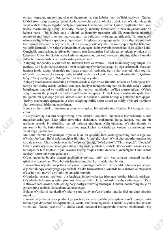i. o’yin faoliyati, o’yin – mehnat bilan bolalik ѐshidaѐq umumiylikka egadir. o’yin – juda hissiѐtli faoliyat, shuning uchun u bolalar va ѐshlarning tarbiyaviy ishlarida jiddiylikni talab etadi. katta doiradagi xalq o’yinlari bolalar va o’smirlar orasida keng tarqalgan. xalq o’yinlarining o’ziga xos hususiyati harakatning o’yin mazmunida yaqqol ajralib turishidadir (yugurishlar, sakrashlar, uloqtirishlar, tashlashlar va boshqalar). bu harakat faoliyatlari ularning sujetlarida motivlashgan (mavzu, g’oyalar). ular o’yin maqsadiga erishish yo’lida qo’yilgan turli hil qiyinchiliklar, to’siqlarni bartaraf etishga yo’naltirilgan. bolaning o’sishi va rivojlanishi bilan o’yinning mazmuni o’zgaradi, o’yin faoliyati dastlabki bosqichlarda oddiy bo’lsa, keyinchalik u bosqichma-bosqich boyib boradi va murakkablashadi. milliy kurashda “o’yin” atamasi polvonlarning bir-birlariga qo’l silkitib ѐki sakrab, yengil harakat qilishlari ma’nosini anglatadi. “polvonlar, o’ynab – o’ynab olinglar”, deganda shu ma’no tushuniladi. “nima uchun xalq o’yinlari ѐki o’zbek xalq o’yinlari” deb ataladi? buning uchun xalq so’zining lug’aviy ma’nosini topishimiz zarur. xalq – 1. muayyan mamlakat barcha aholisi. 2. tarixning turli bosqichlarida o’zining …