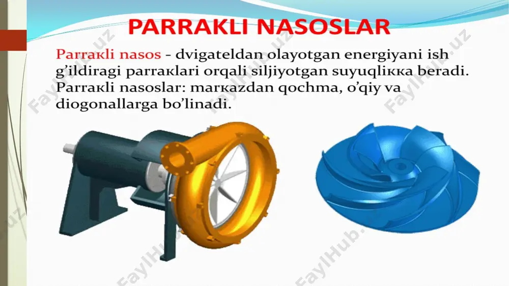 , diafragmali nasos — porshen vazifasini egiluvchan plastina — membrana bajaradigan nasos ; membrananing chetlari mahkamlanib , richagli mexanizm yoki muhitning oʻzgaruvchan bosimi taʼsirida egiladi . diafragma bir tomonga egilganda suyuklik soʻriladi , ikkinchi tomonga egilganda esa suyuklik haydaladi . membranali nasos suv , kimyoviy jihatdan faol moddalarni va yengil alangalanadigan suyuqliklarni uzatishda qoʻllaniladi . mavzu : nasoslar va ularni ishlash prinsipi bo'yicha tasniflash obrazets zagolovka vstavka risunka obrazets teksta 2/13/2023 ‹#› obrazets zagolovka obrazets teksta 2/13/2023 ‹#› obrazets zagolovka obrazets teksta obrazets teksta 2/13/2023 ‹#› “ ” obrazets zagolovka obrazets teksta obrazets teksta 2/13/2023 ‹#› “ ” obrazets zagolovka obrazets teksta obrazets teksta 2/13/2023 ‹#› obrazets zagolovka obrazets teksta 2/13/2023 ‹#› 2/13/2023 ‹#› obrazets zagolovka 2/13/2023 ‹#› obrazets zagolovka obrazets teksta vtoroy uroven tretiy uroven chetvertiy uroven pyatiy uroven 2/13/2023 ‹#› obrazets zagolovka obrazets podzagolovka 2/13/2023 ‹#› obrazets zagolovka obrazets teksta vtoroy uroven tretiy uroven chetvertiy uroven pyatiy uroven …