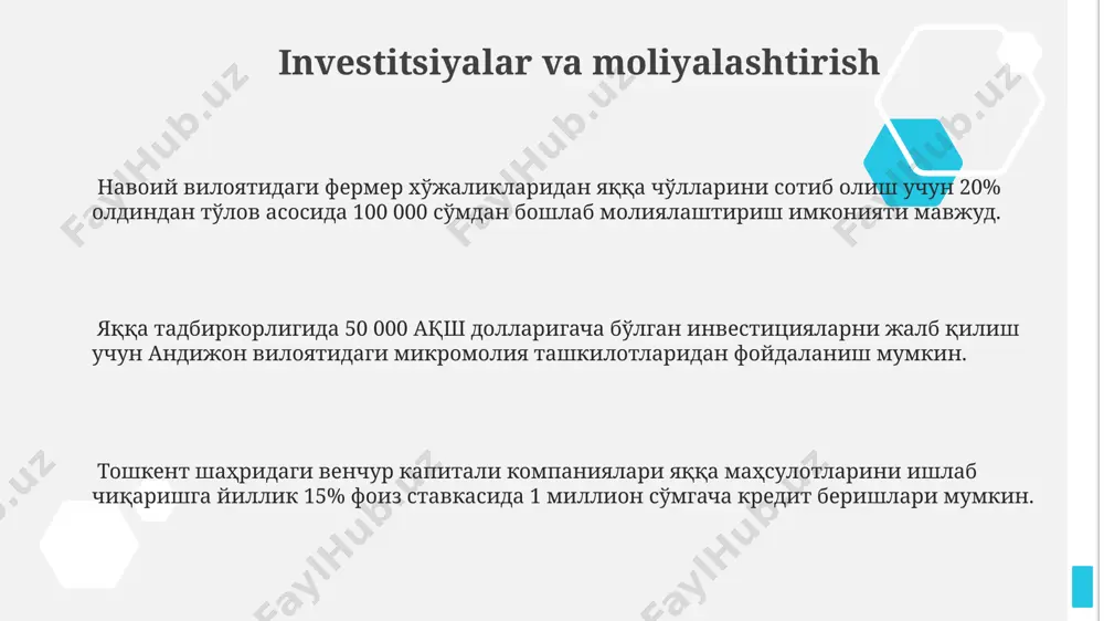 воий вилоятидаги 100 та кичик бизнес субъектлари ўртасидаги таҳлиллар кўрсатдики, энергия тежовчи технологияларни жорий этиш 15% гача харажатларни камайтириб, фойдани оширади. фарғона водийсидаги деҳқон хўжаликларидаги 20% даромад ўсиши маҳсулотларини етказиб бериш занжирини оптималлаштириш ва янги бозорларни топиш орқали амалга оширилди. тошкентдаги 50 дан ортиқ якка тадбиркорлар ўртасида ўтказилган сўровнома 30% даромад ошишини онлайн маркетинг стратегияларини қўллаш билан боғлиқлигини кўрсатди. marketing va reklama яққа тадбиркорлигидаги маркетинг харажатларининг 30%и ижтимоий тармоқлардаги реклама, хусусан, instagram ва facebook’даги тарғиботга йўналтирилган бўлиб, бу ўзбекистондаги яққа сотувининг 25%га ошишига олиб келган. тошкент шаҳридаги яққа маҳсулотларининг 85%и катта савдо марказлари орқали сотилади, бу учун эса маркетинг бюджетининг камида 40%и реклама ва товар жойлаштиришга сарфланади. фарғона водийсидаги яққа ишлаб чиқарувчиларининг 70%и маҳсулотларини асосан маҳаллий бозорларда сотишади, бу эса 15-20%гача фойда олиш имконини беради. онлайн-реклама улар учун кам фойдаланадиган маркетинг воситаси ҳисобланади. xarajatlarni boshqarish тошкентдаги якка тадбиркор 2023 йилда ўртача 15% харажатларини ижарага, 25% эса ходимларнинг иш хақига сарфлаганлиги …