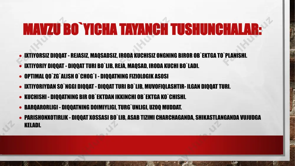 qqatda bularning ko‘rsatadigan ta’siri bevosita emas, aksincha, bilvositadir. diqqtning xususiyatlari diqqatning o`ziga xos xususiyatlariga uning kuchi va barqarorligi, bo`linishi, kulami, parishonxotirlik, taqsimlanishi kabilar kiradi. diqqatning o`ziga xos xususiyatlariga uning kuchi va barqarorligi, bo`linishi, kulami, parishonxotirlik, taqsimlanishi kabilar kiradi. biz ma`lum vaqt oralig`idagi diqqat to`lqini haqida gapirishimiz mumkinmi? ayrim tadqiqotchilar diqqatning davomiyligini sof biologik ritmlar bilan cheklashga intilganlar. ular diqqatni tebranishi deb, atalishi xususiyatini diqqatning biologik ritmiga kiritganlar. diqqatning tebranish xususiyati, odatda bilinar- bilinmas qo`zg`atuvchilar orqali o`rganiladi. diqqatning xususiyatlari ma`lum bo`lishicha, diqqat tebranishining davomiyligi unchalik katta bo`lmay 1,5sekunddan 2,6 sekundgacha etadi. bu hol diqqat tebranishining asosini biologik jarayonlari tashqil etishini ko`rsatuvchi bir dalil bo`ladi. diqqatimizni uzoq vaqt davomida biror harakatsiz o`zgarmas ob`ekt ustida to`plashga imkoniyatimiz bo`lmasa ham, to`qnash keladigan ob`ektning o`zgarishi va harakatchanligi bilan bo`lgan qandaydir bir faoliyatni bajarish ustida diqqatimizni uzoq vaqt saqlay olmaymiz. diqqatning xususiyatlari diqqatning barqarorligi uchun bajarilayotgan faoliyatning jadalligi nihoyatda katta ahamiyatga ega. diqqat harakat bilan qo`shilib …