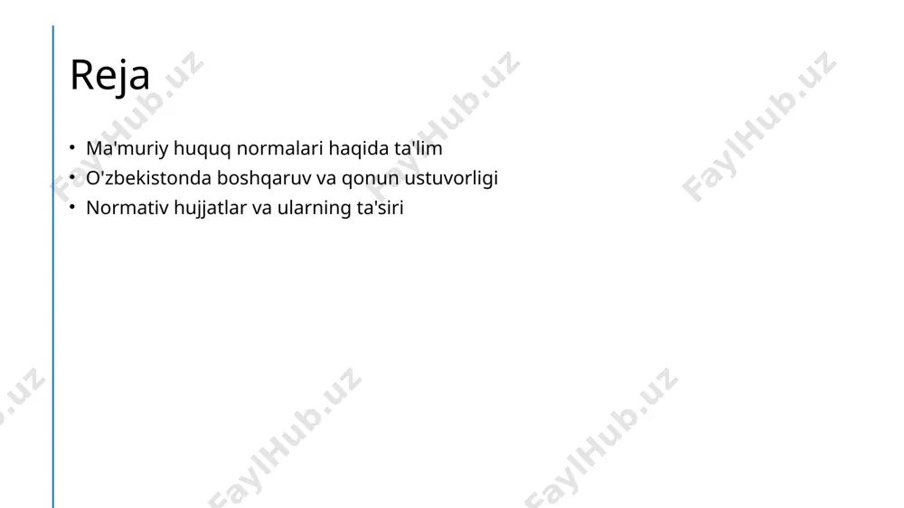 a oshirilishini ta'minlaydi, qonun ustuvorligini kuchaytiradi va ijtimoiy barqarorlikni oshiradi. o'zbekistonda boshqaruv tizimining asosiy tamoyillari va qonun ustuvorligi. 1 boshqaruv tamoyillari o'zbekistonda boshqaruv tamoyillari demokratik, qonuniy, va ochiqlik prinsiplariga asoslanadi, bu esa davlat va jamiyat o'rtasidagi ishonchni oshiradi. 2 qonun ustuvorligi qonun ustuvorligi o'zbekistonning huquqiy tizimining asosiy tamoyilidir, bu har bir fuqaro va davlat organlarining qonunlarga amal qilishini ta'minlaydi. 3 ijtimoiy ta'sir boshqaruv tizimining asosiy tamoyillari va qonun ustuvorligi o'zbekistonda ijtimoiy barqarorlikni, iqtisodiy o'sishni va fuqarolarning farovonligini ta'minlaydi. boshqaruv va qonun ustuvorligining ijtimoiy-iqtisodiy ta'siri o'zbekistonda. 1 boshqaruv tizimi o'zbekistonda boshqaruv tizimi, davlat organlarining o'zaro aloqalari va funksiyalarini tartibga soluvchi normativ hujjatlar asosida faoliyat yuritadi. 2 qonun ustuvorligi qonun ustuvorligi, davlatning barcha sohalarida qonunlarga amal qilishni ta'minlab, adolat va tenglikni saqlashda muhim rol o'ynaydi. 3 ijtimoiy-iqtisodiy ta'sir boshqaruv va qonun ustuvorligi ijtimoiy-iqtisodiy rivojlanishga ijobiy ta'sir ko'rsatadi, investitsiyalarni jalb qilish va ijtimoiy barqarorlikni ta'minlashda muhimdir. o'zbekistonda qonun ustuvorligini ta'minlashdagi muammolar va yechimlar. …