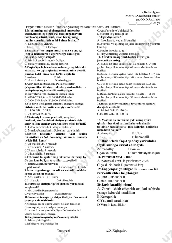 ng kam yoritilganlik …………. vi razryadli ishlar uchun belgilangan. a. 75 lk b.70 lk c.68 lk d.65 lk 16.qanday holda quruq mato bilan ishqalanadi va issiq qilib bog’lab qo’yiladi? a. muzlash holatida. b. kuyganda. c.singanda. d. lat yeganda 17.toza tovush nimadan iborat? a. bir xil chastotadagi sinusoidal tebranishlardan b.har xil chastotadagi sinusoidal tebranishlardan c.tiniq chastotadagi sinusoidal tebranishlardan d.muallaq chastotadagi sinusoidal tebranishlardan 18.benzinning 30-40 g/m3 li konsentrasiyasi qancha nafas olgandan so'ng zaharlanishga va hushni yo'qotishga olib keladi a. 3...4 nafas b.1...2 nafas c.1 nafas d.5...6 nafas 19.ishlab chiqarish xonasining poldan shiftgacha balandligi qancha metrdan kam bo'lmasligi kerak? a. 4 m b. 3 m c. 3,5 m d. 3,2 m 20.inson organizmiga zararli va zaharli moddalar necha xil usulda tushadi? a. 2 xil usulda b. 5 xil usulda c. 3 xil usulda d. 4 xil usulda 1.faoliyat jarayonining modelini umumiy holda qanday elementdan tashkil topgan? a.. mashinab.inson. c.toza havo. d. inson va …