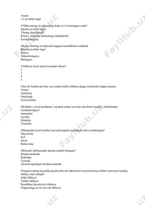 avolovchi tibbiyot organizmga taʼsir etuvchi tibbiyot # аrablar islom dini, bayrogi ostida urush kilib boshka mamlakatni bosib olib, zabt etilgan mamlakatlarda kaysi din, yozuv va tilni joriy etishgan: аrab dini (islom), arab yozuvi va arab tilini otashparstlik dini, yozuvi va tilini turkiy tilni joriy etishgan turkiy tilni joriy etishgan, arab yozuvi va zardushtlik dini # аrablarning tibbiyoti kaysi kitobda uz ifodasini topgan: аrablarning mukaddas kitobi “kurʼon” va “xadis”da аrablarning “avesto” kitobida аrablar tomonidan yozilgan dostonlar va poemalarida “jut-shi” kitobida #“kurʼon”da salomatlikni saklashda kaysi koidalarga amal kilish kursatilgan: poklik (ozodalik) va sanitariya-gigiena koidalariga rioya kilish, xatna kilish salomatlikni saklash choralaridan biri ekanligi; poklik (ozodalik) va sanitariya-gigiena koidalariga rioya kilish xatna kilish salomatlikni saklash choralaridan biri ekanligi; salomatlikni saklash uchun fakat toat-ibodat kilish #“kurʼon”da nimalarni isteʼmol kilish takiklangan: kayf beruvchi ichimliklar va giyoxvandliklarni isteʼmol kilish dori-darmonlarni isteʼmol kilish uzlarini doimo ozoda va pokiza tutib yurishlari tabiblar buyurgan “parxez”larga rioya kilish #аbu bakr …