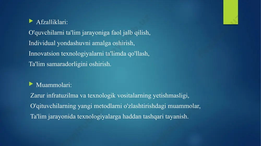qarshi nuqtai nazarlarni hurmat qilish ko'nikmalarini rivojlantiradi. o'quvchilar bir mavzu bo'yicha o'z fikrlarini ifodalaydilar va guruh bilan birga muhokama qilishadi. muhokamalar: - ko'pincha qarama-qarshi fikrlarni shakllantirishga yordam beradi. - o'quvchilarga o'z fikrlarini mantiqan isbotlashni o'rgatadi. 7. mind mapping (fikr xaritalari) mind mapping usuli o'quvchilarga biror mavzu yoki g'oya atrofida fikrlarini tizimlashtirish imkoniyatini beradi. bu usul orqali o'quvchilar fikrlarni vizual tarzda tasvirlab, mavzuni chuqurroq o'rganadilar. masalan: - mavzu bo'yicha asosiy g'oyalar, tushunchalar va ularga bog'liq bo'lgan tafsilotlarni xarita shaklida ko'rsatish. - fikrlarni tasniflash va guruhlash orqali o'quvchilar materialni yanada samarali o'zlashtiradilar. 8. viktorinalar va testlar (quizzes and tests) interaktiv viktorinalar va testlar o'quvchilarning bilimlarini baholash va ularni o'rgangan materiallarni qayta ko'rib chiqishga rag'batlantirishga yordam beradi. bu usul orqali o'quvchilar o'zlarini baholashlari, zaif tomonlarini aniqlashlari va yanada samarali o'rganishlari mumkin. - kahoot!, quizizz kabi platformalar orqali o'quvchilar real vaqt rejimida testlarda qatnashishlari mumkin. 9. blended learning (aralash ta'lim) blended learning yoki aralash …