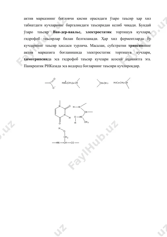 водород боғларнинг таъсири кучлироқдир. ферментнинг каталитик бўлигига бевосита катализда иштирок этувчи аминокислоталарнинг қолдиқлари киради. уларни каталитик гуруҳлар дейилади. одатда бундай гуруҳлар сифатида ионоген гуруҳлар қатнашади. ферментнинг таъсир механизмини аниқлашдаги асосий вазифа унинг фаол марказидаги функционал гуруҳлрни, биринчи навбатда каталитик гуруҳларни идентификациялашдан иборат. бунинг энг тўғридан-тўғри йўли-муайян аминокислоталарнинг қолдиқларини селектив модификацияловчи қайтарилмайдиган ингибиторлардан фойдаланиш усулидир. баъзи ҳолатларда каталитик гуруҳларни модификациялаш уларни юқори реакцион қобилиятга эга эканлиги учун мумкин бўлса, бошқа ҳолатларда актив марказда бирикадиган ингибиторлар таъсирида амалга оширилади. бундан келиб чиқиб, қайтарилмайдиган ингибиторлар икки турга бўлинади. биринчи турдаги ингибиторлар субстрат билан структуравий ўхшашликка эга эмас, лекин каталитик марказларни танлаб модификациялайди. мисол қилиб химотрипсиннинг каталитик марказидаги серин қолдиғини диизопропилфторфосфат (дфф) ёрдамида модификациялашни келтириш мумкин: -hn-сh-co-… + (i – c3h7o)2p(o)f ( -hn-сh-co-… ch2-oh ch2-oop(i – c3h7o)2 ингибиторларнинг иккинчи тури реакцион қобилиятга эга гуруҳлар тутувчи субстрат билан структура структура аналоглари ҳисобланади. бундай ингибиторлар реакцион марказ зонасида ковалент боғлар билан боғланади, кейин локаллашган ва яқинда …