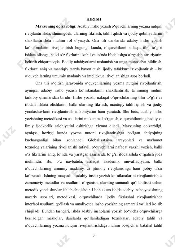rini ifodalash, mantiqiy mushohada yuritish va badiiy tasvir vositalaridan foydalanish qobiliyatini rivojlantiradi. insho – bu nafaqat matn yaratish ko‘nikmasini shakllantiruvchi vosita, balki o‘quvchining dunyoqarashi, ijodiy tafakkuri va til madaniyatini namoyon etuvchi mashq turidir. shu boisdan, insho yozish metodikasini chuqur o‘rganish, unga zamonaviy yondashuvlarni joriy etish, ta’lim sifati va samaradorligini oshirishda muhim ahamiyat kasb etadi. mazkur kurs ishida ona tilida insholar yozish jarayonining metodik asoslari, dars jarayonida qo‘llaniladigan usullar, ularning bosqichlari, inshoning turlari va o‘quvchilar ijodiy salohiyatiga ta’siri xolisona yoritiladi. ishda nazariy bilimlar bilan bir qatorda amaliy tavsiyalar, dars namunasi va pedagogik kuzatuvlarga ham e’tibor qaratilgan. bu jarayonda adabiy insho yozish metodikasini o‘rganish nafaqat o‘quvchilarning yozish ko‘nikmalarini rivojlantirishga, balki ularni ijtimoiy, madaniy va intellektual nuqtai nazardan mukammal shaxs sifatida tarbiyalashga xizmat qiladi. adabiy insho yozish ko‘nikmasining rivojlanishi nafaqat o‘quvchilarni ijodiy ishlarga jalb qilish, balki ularning tilga bo‘lgan qiziqishini oshirish, badiiy matnlarni chuqur anglash va unga ta’sirli munosabatda bo‘lishga o‘rgatadi. bu esa …