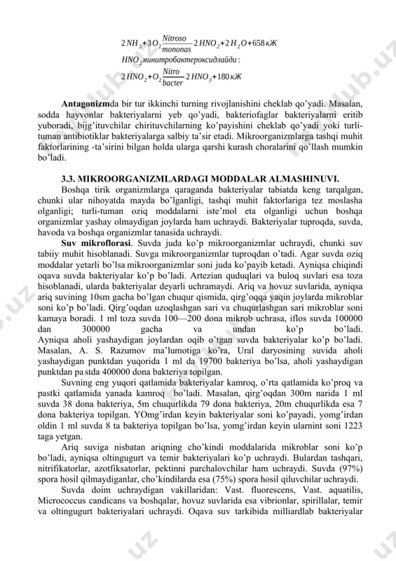 hqariga chiqadi va unda plazmoliz ro’y beradi, ular ko’paya olmaydi. shundan foydalanib, go’sht, baliq tuzlanadi, povidlo tayyorlaganda shakar eritmasining kontsentratsiyasi 70% ga yetkaziladi. kimyoviy faktorlar. ba’zi kimyoviy moddalar bakteriyalarga kuchli ta’sir etadi. masalan, ularga kuchli kislotalar, ishqorlar, og’ir metallarning tuzlari bilan ta’sir etilsa, ularda manfiy xemotaksis namoyon bo’ladi. ba’zi moddalarning oz miqdori ijobiy ta’sir etsa, ko’p miqdori salbiy ta’sir etadi. masalan, 40% - li formaldegid (formalin) vegetativ hujayralarni va sporalarni nobud qiladi, fenol yoki karbol kislotaning 3-5% li eritmasi, xlorli ohakning 10-20% li eritmasi yoki spirtning 75% -li eritmasi dezinfektsiyalashda ko’p ishlatiladi. mikroorganizmlar o’stiriladigan oziq muhitini albatta sterillash zarur. ular avtoklavda 2 atm. bosimda 120° da 30 minut davomida sterillanadi (45- rasm.) kox qaynatgichida (46-rasm) ham bo’lib-bo’lib sterillash mumkin. buning uchun 100°s da 30 minut sterllanadi, keyin termostatda bir sutka saqlanadi. ikkinchi kun yana 100°s da 30 minut sterillanadi va termostatda saqlanadi, uchinchi kuni ham xuddi shunday sterillanadi. 45-rasm. a-vertikal …
