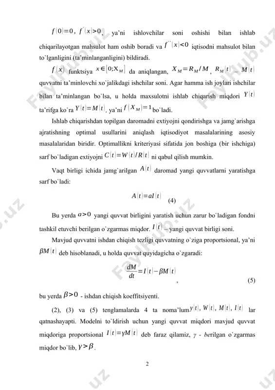 ional, ya’ni deb hisoblanadi, u holda quvvat quyidagicha o`zgaradi: , (5) bu yerda - ishdan chiqish koeffitsiyenti. (2), (3) va (5) tenglamalarda 4 ta noma’lum lar qatnashayapti. modelni to`ldirish uchun yangi quvvat miqdori mavjud quvvat miqdoriga proportsional deb faraz qilamiz, γ - berilgan o`zgarmas miqdor bo`lib, . u holda (5) tenglama quyidagi yechimga ega bo`ladi: (6) va shu orqali boshqa miqdorlar ham aniqlanadi. oddiy (7) holni qaraymiz. bu esa quvvat funktsiya , funktsiyalar bilan bir xil sur’at bilan o`sar ekan, chunki . ishlovchilarni jon boshiga sarf bo`ladigan extiyojni maksimal darajasini ta’minlash uchun ishlovchilar sonini va ehtiyojni jamg`arishga bo`lgan nisbatini aniqlaymiz. ta’rifga asosan . (3 – 4) va (6 – 7) larni hisobga olsak ya’ni, jon boshiga to`g`ri keladigan ehtiyoj vaqt o`tishi bilan o`zgarmasdan qolar ekan. uning maksimumi quyidagi shartdan topiladi: . bu tenglamadan izlanayotgan uchun quyidagi tenglamani hosil qilish mumkin: . (8) bu tenglamadan va boshlang`ich shartni qanoatlantiruvchi yagona yechimni …