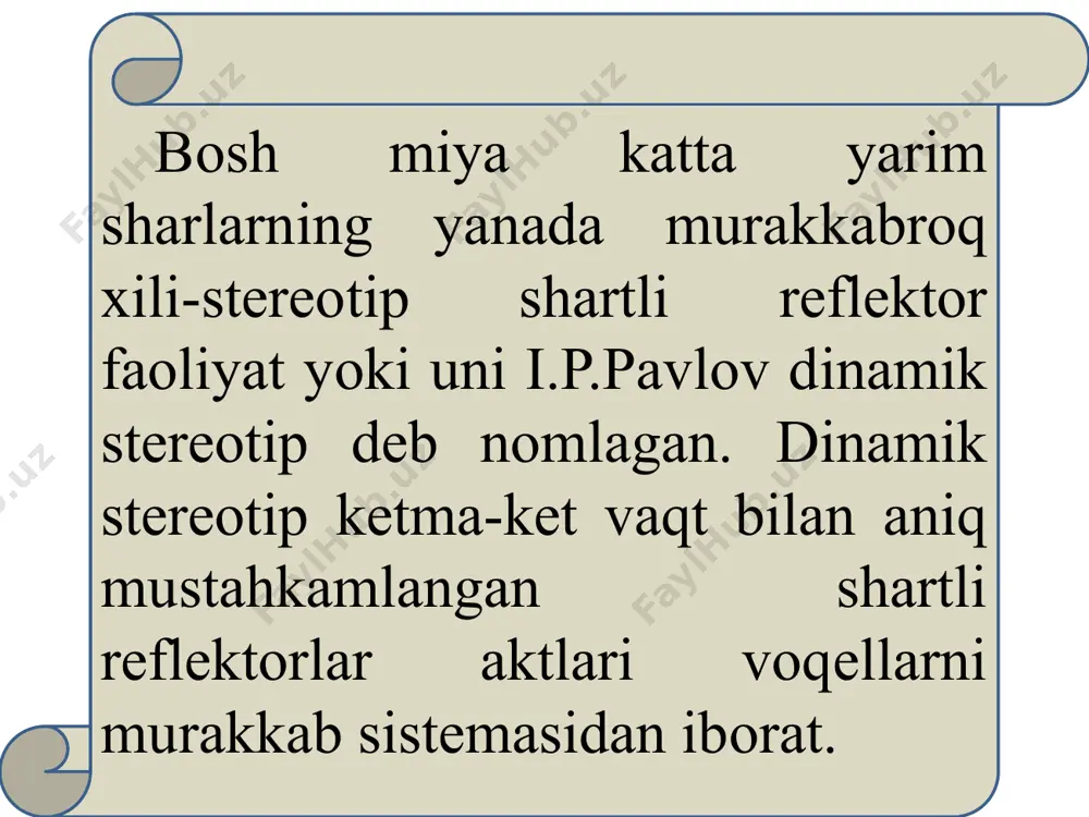 ining analitik faoliyatida tashqi muhitning alohida ta`sirotlarini tanlab analiz qilinadi, bunda ortiqcha shartli reflekslar tormozlanadi, ba`zi vaqtinchalik bog`lanishlar tuxtaydi. /docprops/thumbnail.jpeg