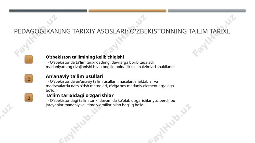g madaniy merosi va ta'lim uslublariga ta'siri. o'zbekistonning madaniy merosi ta'lim uslublariga muhim ta'sir ko'rsatdi. an'anaviy o'qitish metodlari va xalq ta'limidagi boy tajribalar, o'quvchilarning fikrlashini rivojlantirishda muhim ahamiyatga ega. misol uchun, mantiqiy fikrlash va ijodkorlikni oshirishga qaratilgan uslublar ko'proq qo'llaniladi. photo by simone dinoia on unsplash madaniyatning ta'limda innovatsion yondashuvlarga qo'shgan hissasi. 01 madaniyat va ta'lim madaniyat, ta'lim jarayonida o'ziga xos yondashuvlarni shakllantiradi. o'zbekistonning boy madaniy merosi, ta'lim metodlariga yangilik kiritadi. 02 innovatsiyalar va an'analar o'zbek ta'limida innovatsiyalar, an'anaviy yondashuvlar bilan birga rivojlanadi. zamonaviy metodlar, eski uslublarni yangilab, ta'limga yangiliklar olib keladi. 03 madaniyatning roli madaniyat, ta'limda innovatsion yondashuvlarga muhim ta'sir ko'rsatadi. o'zbek madaniyati, o'quvchilarning o'zligini, tarixini va qadriyatlarini rivojlantirishda asosiy o'rin tutadi. ta'lim metodlarida madaniy elementlarning roli va ahamiyati. 1 madaniy an’analar o'zbek ta'limida madaniy an'analar o'qituvchilar va o'quvchilar o'rtasida kuchli aloqalarni o'rnatadi, ta'lim jarayonini boyitadi. 2 mahalliy misollar o'zbekistonning tarixiy ta'lim tizimida, masalan, madrasalarda, milliy qadriyatlar va urf-odatlarning …