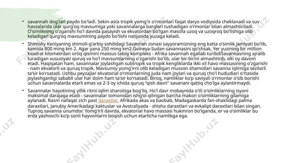 adi. savannahsning maxsus shakli - palma daraxtlari (mauritia flexuosa, corypha inermis) va boshqa o'simliklar butun o'rmonlarni tashkil etuvchi nam joylardan tashqari, daraxtlar to'liq yo'qolgan yoki cheklangan sonda topilgan llanoslar (ammo bu o'rmonlar savannalarga tegishli emas) ); ba'zan lianoslarda ropala (proteaceae oilasidan kelgan daraxtlar) va boshqa daraxtlarning bitta turlari mavjud; ba'zida ulardagi o'tlar insonning balandligidagi qopqoqni hosil qiladi; o'simliklar orasidagi gullash, dukkakli, gibnotsvetnye va boshqalar orasida o'sib boradi. yilning ko'plab yomg'irlari orinoko to'kilmasligi bilan suv bosadi. savanna o'simliklari odatda quruq kontinental iqlimi va bir necha savannahlarda sodir bo'lgan davriy qurg'oqchiliklarga odatlangan. o'tlar va boshqa o'tlar kamdan-kam hollarda surgun kurtaklar hosil qiladi va odatda laligasi bilan o'sadi. o'simliklar barglari tor, quruq, qattiq, tüylü yoki mumlu bir qoplama bilan qoplangan. o'simliklar va urg'ochilarda yosh barglar kolba ichiga o'ralib qoladi. daraxtlarda, yaproqlar sayoz, tüylü, yorqin ("vernikli") yoki mumlu bir qoplama bilan qoplangan. savannalar o'simliklari odatda aniq kserofitik xarakterga ega. ko'pgina turlarda katta miqdordagi efir …