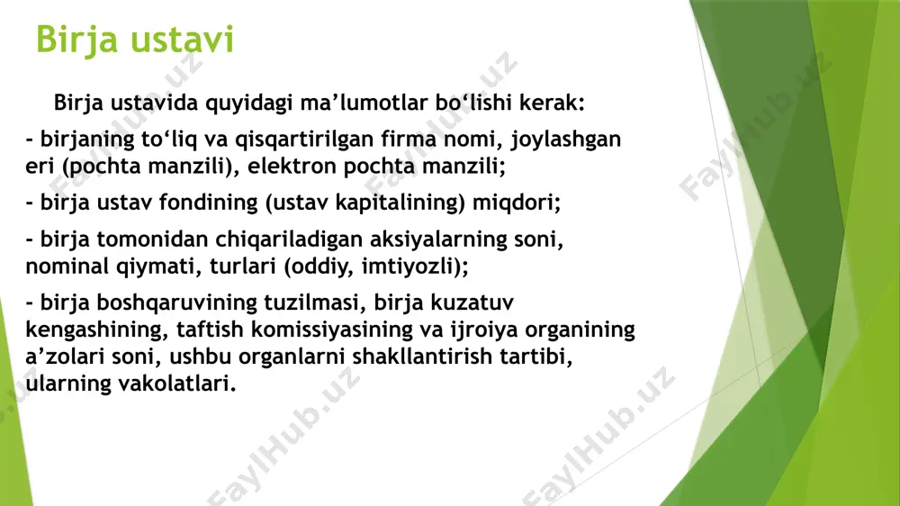 dagi tovar, shu jumladan hosila moliyaviy vositalar birja tovaridir. yer, yer osti boyliklari, suv, boshqa tabiiy resurslar, madaniy meros va intellektual mulk obyektlari, ishlar va xizmatlar, xususiy belgili ashyolar, ko‘chmas mulk, shuningdek qonunchilikka muvofiq fuqarolik muomalasidan chiqarilgan mol-mulk birja tovari bo‘lishi mumkin emas. birja savdolarining a’zolari birja tomonidan belgilangan tartibda birja savdolarida ishtirok etish hamda dilerlar, market-meykerlar va brokerlar sifatida birja bitimlarini tuzish huquqini olgan yuridik shaxslar birja a’zolaridir. birja bitimlarini o‘z nomidan va o‘z hisobidan tuzuvchi birja a’zosi dilerdir. birja tovarlari narxlarining, talab va taklifning darajasini saqlab turish uchun o‘z zimmasiga birja bitimlarini tuzish majburiyatini olgan diler market-meykerdir. mijozning topshirig‘iga ko‘ra va uning hisobidan birja bitimlarini tuzuvchi birja a’zosi brokerdir. diler va broker vazifalari birjaning bitta a’zosi tomonidan qo‘shib amalga oshirilishiga yo‘l qo‘yiladi. davlat hokimiyati va boshqaruvi organlari birja a’zolari bo‘lishi mumkin emas, valyuta birjasi bundan mustasno. birja a’zolari birja savdolarida ularning nomidan birja bitimlari tuzishga vakolatli bo‘lgan o‘z …