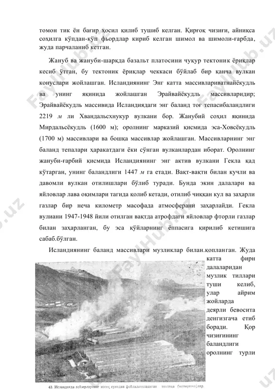 плато деярли ҳамма томондан денгизга томон тик ён бағир ҳосил қилиб тушиб келган. қирғоқ чизиғи, айниқса соҳилга кўпдан-кўп фьордлар кириб келган шимол ва шимоли-ғарбда, жуда парчаланиб кетган. жануб ва жануби-шарқда базальт платосини чуқур тектоник ёриқлар кесиб ўтган, бу тектоник ёриқлар чеккаси бўйлаб бир қанча вулкан конуслари жойлашган. исландиянинг энг катта массивлариватнайёкудль ва унинг яқинида жойлашган эрайвайёкудль массивларидир; эрайвайёкудль массивида исландиядаги энг баланд тоғ тепасибаландлиги 2219 м ли хвандальсхнукур вулкани бор. жанубий соҳил яқинида мирдальсёкудль (1600 м); оролнинг марказий қисмида эса-ховсёкудль (1700 м) массивлари ва бошқа массивлар жойлашган. массивларнинг энг баланд тепалари ҳаракатдаги ёки сўнган вулканлардан иборат. оролнинг жануби-ғарбий қисмида исландиянинг энг актив вулкани гекла қад кўтарган, унинг баландлиги 1447 м га етади. вақт-вақти билан кучли ва давомли вулкан отилишлари бўлиб туради. бунда экин далалари ва яйловлар лава оқимлари тагида қолиб кетади, отилиб чиққан кул ва заҳарли газлар бир неча километр масофада атмосферани заҳарлайди. гекла вулиани 1947-1948 йили отилган вақтда атрофдаги …