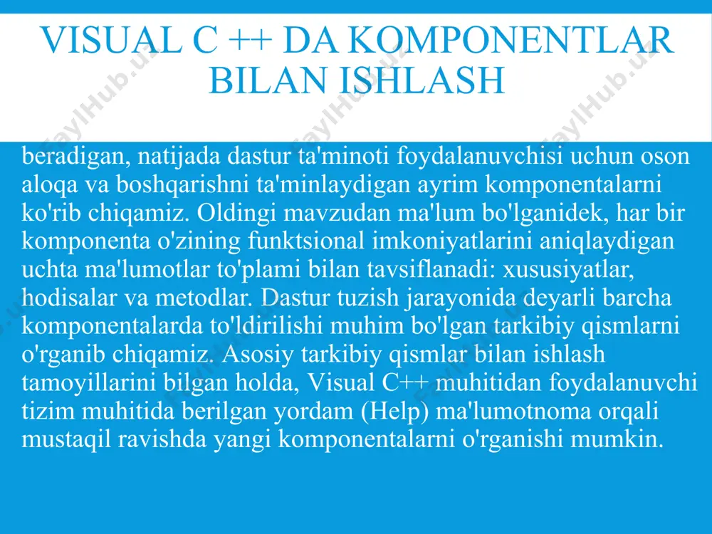 unicode (16-bit) belgi decimal o'nli (128 bit) qiymat intptr qiymati tegishli platformaga bog'liq bo'lgan ishorali butun son: 32 bitli platformada 32 bitli qiymat va 64 bitli platformada 64 bitli qiymat uintptr qiymati tegishli platformaga bog'liq bo'lgan ishorasiz butun son: 32 bitli platformada 32 bitli qiymat va 64 bitli platformada 64 bitli qiymat sinflar object sinflar ierarxiyasi uchun asos sinfi string doimiy uzunlikdagi unicode belgilar satri button komponentasi komponenta all windows forms palitrasi tarkibidagi komponentalar guruhiga kiradi. ushbu komponenta formada o'rnatilgan joyga, sichqoncha bilan bosilishi kerak bo'lgan “tugma” elementini yaratadi. button komponentasi xatti-harakatlarini aniqlaydigan ba'zi xususiyatlar mavjud. button komponentasi button komponentasining formada ko'rinishi quyidagicha: button xususiyatlari (properties) ko'pgina xususiyatlar allaqachon bizga tanish - biz ular bilan formani o'rganayotganda uchrashdik. ba'zi notanish xususiyatlarni ko'rib chiqamiz. anchor — komponentaning sobit holatini belgilaydi. agar siz formani foydalanuvchi undan foydalanishi jarayonida o'lchamini o'zgartira oladigan qilib yaratgan bo'lsangiz, unda sizning formangiz tarkibiy qismlari ham mos ravishda …