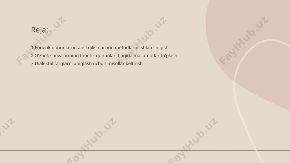 i kuzatish • fonetik jarayonlar - o'zbek tilida fonetik jarayonlar, tovushlarning o'zgarishi bilan bog'liq xususiyatlardir. bu jarayonlar ko'pincha so'zlarning talaffuzini o'zgartiradi. • morfologik ta'sir - fonetik o'zgarishlar, morfologik tuzilmalarga ta'sir qilishi mumkin. masalan, qo'shimchalar yordamida so'zlarning talaffuzi o'zgaradi. shevalar orasidagi talaffuz farqlarini o'rganish • dialekt tushunchasi - dialektlar bir xil tilning mintaqaviy farqlari bo'lib, talaffuz, leksika va grammatikada o'ziga xos xususiyatlarga ega. • talaffuz farqlari - har bir dialektda tovushlar va ularning amalga oshirilishi turlicha bo'ladi. masalan, sharqiy dialektda 'o' tovushi faol bo'lsa, g'arbiyda esa 'u' sifatida ifodalanadi. • o'rganish ahamiyati - dialekt farqlarini o'rganish tilning boyligini yanada tushunishga yordam beradi. bu, shuningdek, madaniyatlararo muloqotni yaxshilaydi. • xulosa - dialektlar tilda o'zaro farqliliklarni ko'rsatishi bilan birga, ularning o'rganilishi tilning rivojlanishiga xizmat qiladi. fonetik qonunlarning amaliy qo'llanilishi haqida fikrlar • fonetik qonunlar va ularning tushunchasi - fonetik qonunlar tilning talaffuzini va tovushlar o'zgarishini belgilaydi. ular tilning o'ziga xosligini ta'minlaydi. • amaliy …