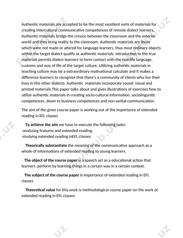 tasks: -analysing features and extended reading; -studying extended reading inefl classes. theorically substantiate the meaning of the communicative approach as a whole of informations of extended reading to young learners. the object of the course paper is a speech act as a educational action that learners perform by learning things in a certain way in a certain context. the subject of the course paper is importance of extended reading in efl classes theoretical value for this work is methodological course paper on the work of extended reading in efl classes practical value of this paper is determined by the fact that the developed material and proper tasks and exercises make available the use of this work as a manual in extended reading the paper consists of introduction and two chapters followed by conclusion. the first chapter is about the scientific basis of the comprehension,development and modern technologies in foreign language …