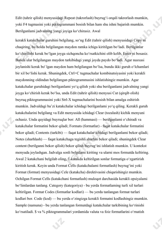 chak boshini sichqonchaning tugmachasini bosgan holda manipulyatomi maydonning oxiriga keltirish kerak. belgilash maydonini bekor qilish uchun belgilanmagan yacheykada sichqoncha tugmasini bosish kerak. bir nechta yacheykani klaviatura yordamida belgilash uchun yacheyka ko‘rsatkichini, shift tugmasini bosgan holda boshlang‘ich maydon yacheykasiga olib kelish va butun maydoncha kursorni boshqarish tugmasi bilan belgilash mumkin. jadvalning bir ustuni yoki satri shu satr yoki ustun sarlavhasida joylashgan raqamini bosish bilan belgilanadi. bir necha satr yoki ustunlami belgilash uchun birinchi satr (ustun) raqamini bosish zarur. so‘ng sichqonchani bosgan holda manipulyatomi kerakli pozitsiyaga siljitasiz. noto‘g‘ri harakatni bekor qilib, jadvalning oldingi tuzilishini (tarkibini) tiklang. oxirgi bajarilgan harakatni edit (tahrirlash) menyusidagi undo (bekor qilish) buyrugl orqali yoki ctrl-z klavishli kombinatsiya orqali bekor qilish mumkin. buyruqni bajarib, redo o‘zgartirish tasdiqlaganlaridan so‘ng, jadvalga yana o‘zgartirishlar kiritish mumkin va hokazo. yuqoridagi harakatlarni edit (tahrir qilish) menyusidagi repeat (takrorlash) buyrug‘i orqali takrorlash mumkin, yoki f4 tugmasini yoki piktogrammani bosish bilan ham shu ishni bajarish mumkin. …