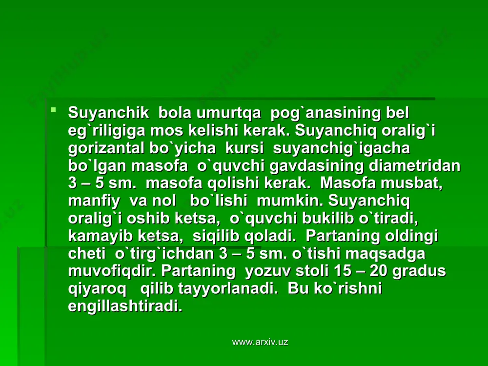 a bola organizmining rivojlanishidan umuman orqada qolishgina emas, balki bolaning maktabdagi ishlarga tayyor bo’lmasligini ham tushunmoq kerak. bunda o’qishga shartli reflekslar hosil bo’lishi differensial tormozlanishning rivojlanish darajasi, nerv jarayonlarining xarakatchanligi ikkinchi signal sistemasining rivojlanish darajasi, nutqning ravonligi talaffuzda nuqsonlar bo’lmasligi mayda xarakatlarni bajara olish qobilyati, uyg’unligi va boshqalar kiradi. www.arxiv.uz www.arxiv.uz bolalarning maktabga tayyorgarligini aniqlash uchun amalda quyidagilarni qo’llash mumkin: tovushni taffuz qilishdagi nuqsonlar. doira kesishni kuzatish. so’z ta’siriga adekvat javob hosil bo’lishi. uchta topshirik berish bilan psixologik yetuklikni aniqlash. odamning rasmini chizish, beysh burchak shaklid joylashgan nuktalarni ko’chirish. www.arxiv.uz www.arxiv.uz mana shu 3 ta topshirikni bajargan bolalarga 3 – 8 ball baho kuyiladi va o’quvchilarni sog’ligi va maktabga tayyorlarligini anilab, asosiy yoki tayyorlov guruhlariga belgilanadi. o’quv yili gigienasi. maktablarimizda o’quv yilining doimiyligi boshlangich sinf o’quvchilarida qisqaroq, o’rta va yuqori sinf o’quvchilarning ish qobiliyatini saqlanib turishida qishki, bahorgi kuzgi va yozgi ta’til kunlarida bolalarni yaxshi dam olishlari muhim axamiyatga ega. …